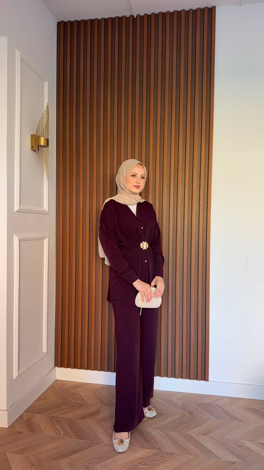 MEYSADESIGN PANTOLON TAKIM Şanel Gold Detaylı Pantolonlu Takım Bordo