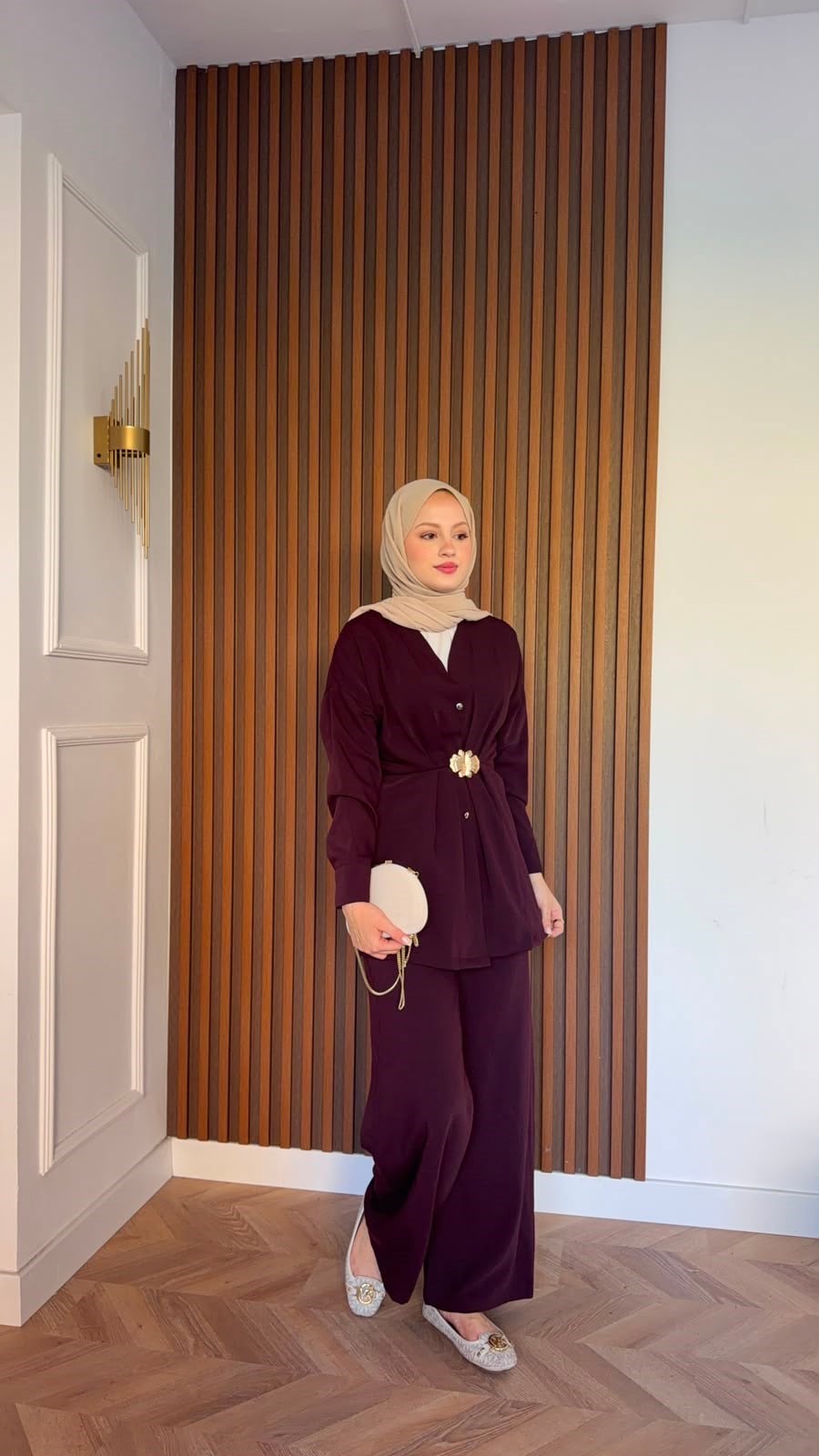 MEYSADESIGN PANTOLON TAKIM Şanel Gold Detaylı Pantolonlu Takım Bordo
