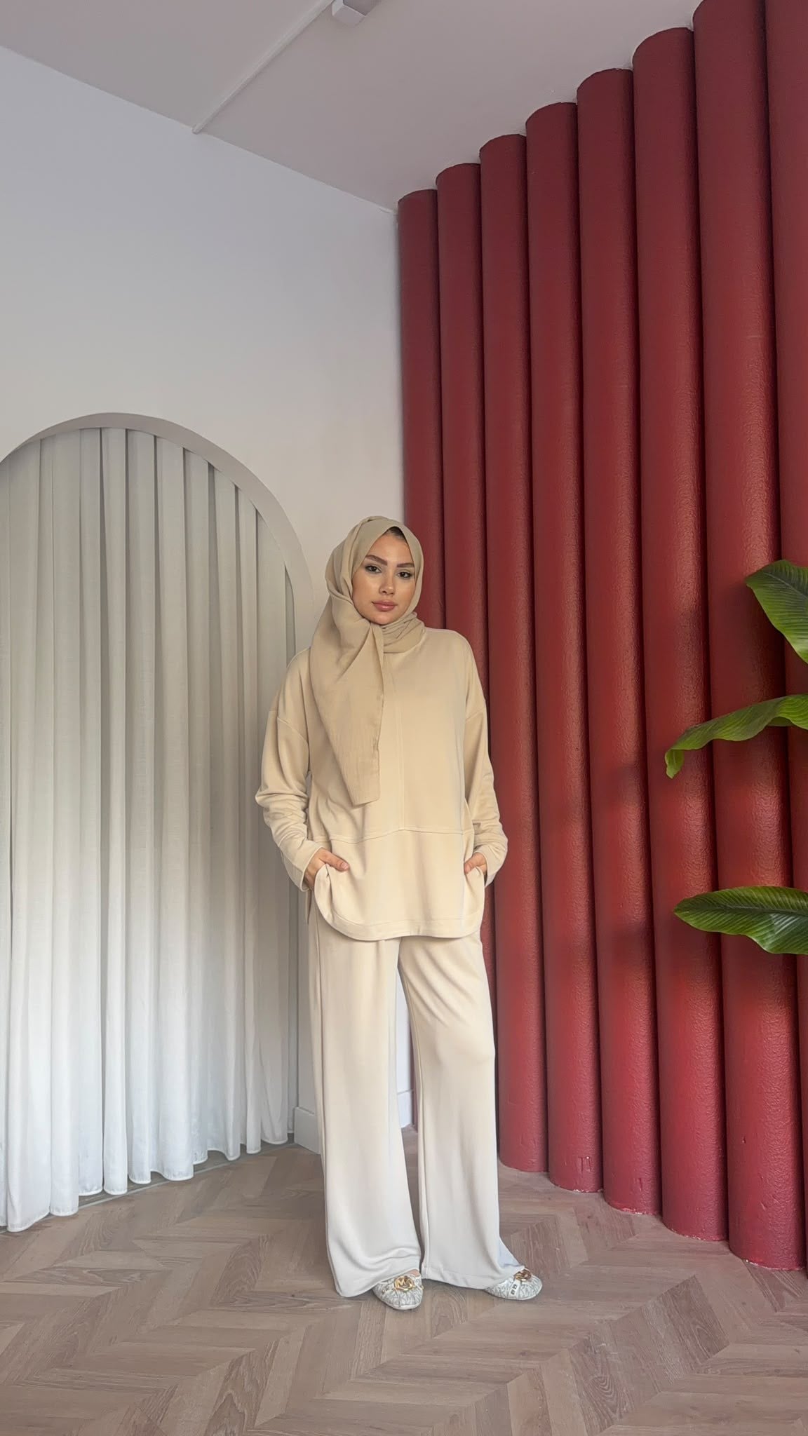 MEYSADESIGN PANTOLON TAKIM Sedef Pike Kumaş İkili Takım Bej