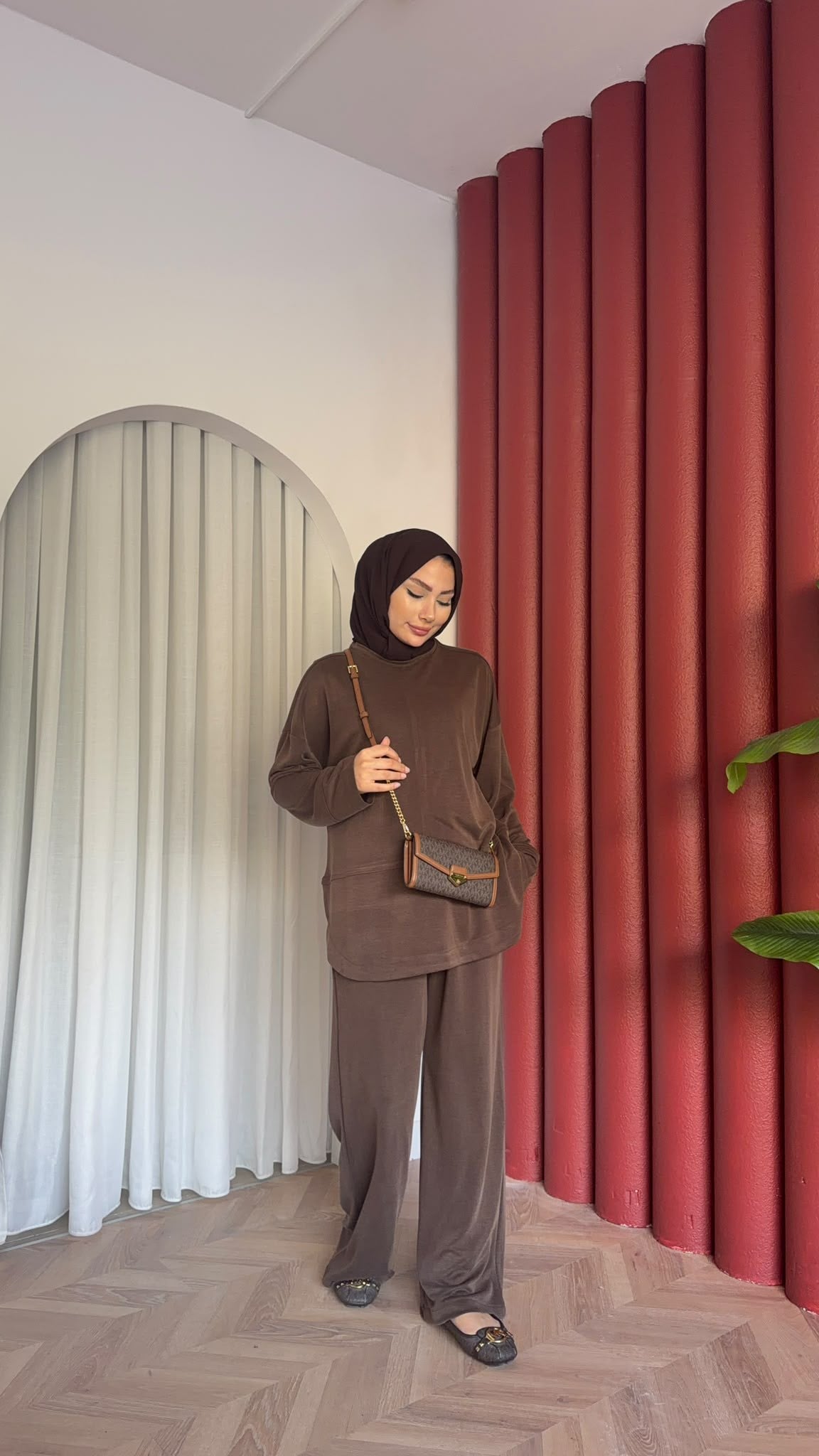 MEYSADESIGN PANTOLON TAKIM Sedef Pike Kumaş İkili Takım Acı Kahve