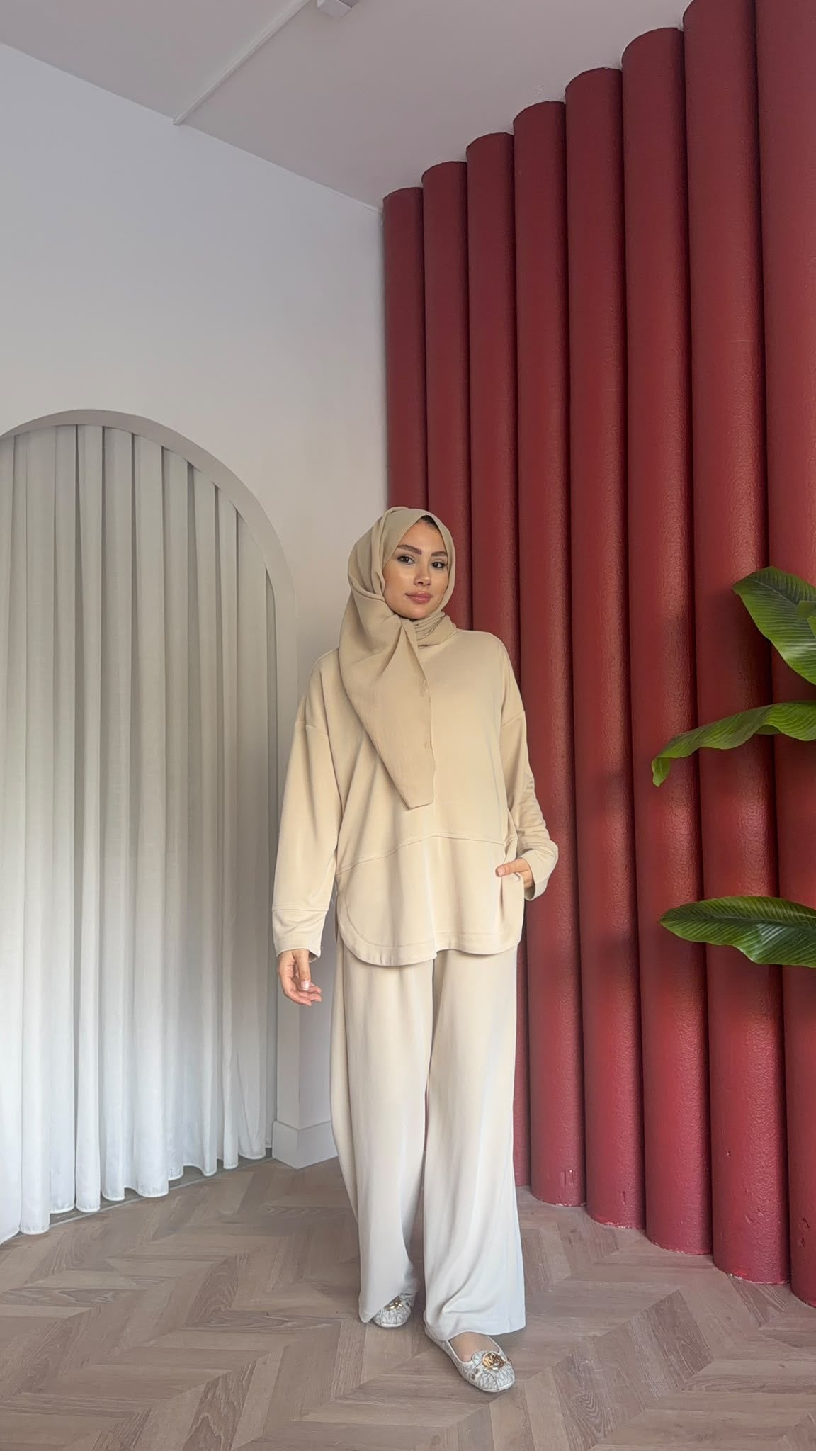 MEYSADESIGN PANTOLON TAKIM Sedef Pike Kumaş İkili Takım Bej
