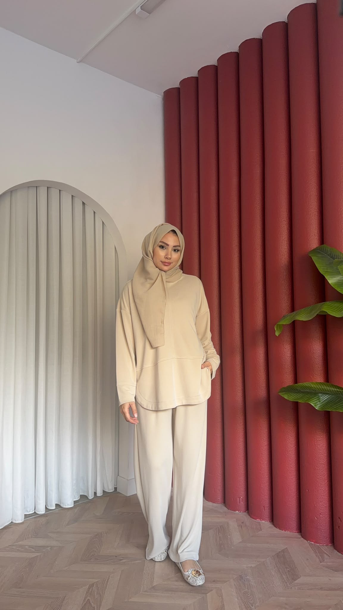 MEYSADESIGN PANTOLON TAKIM Sedef Pike Kumaş İkili Takım Bej