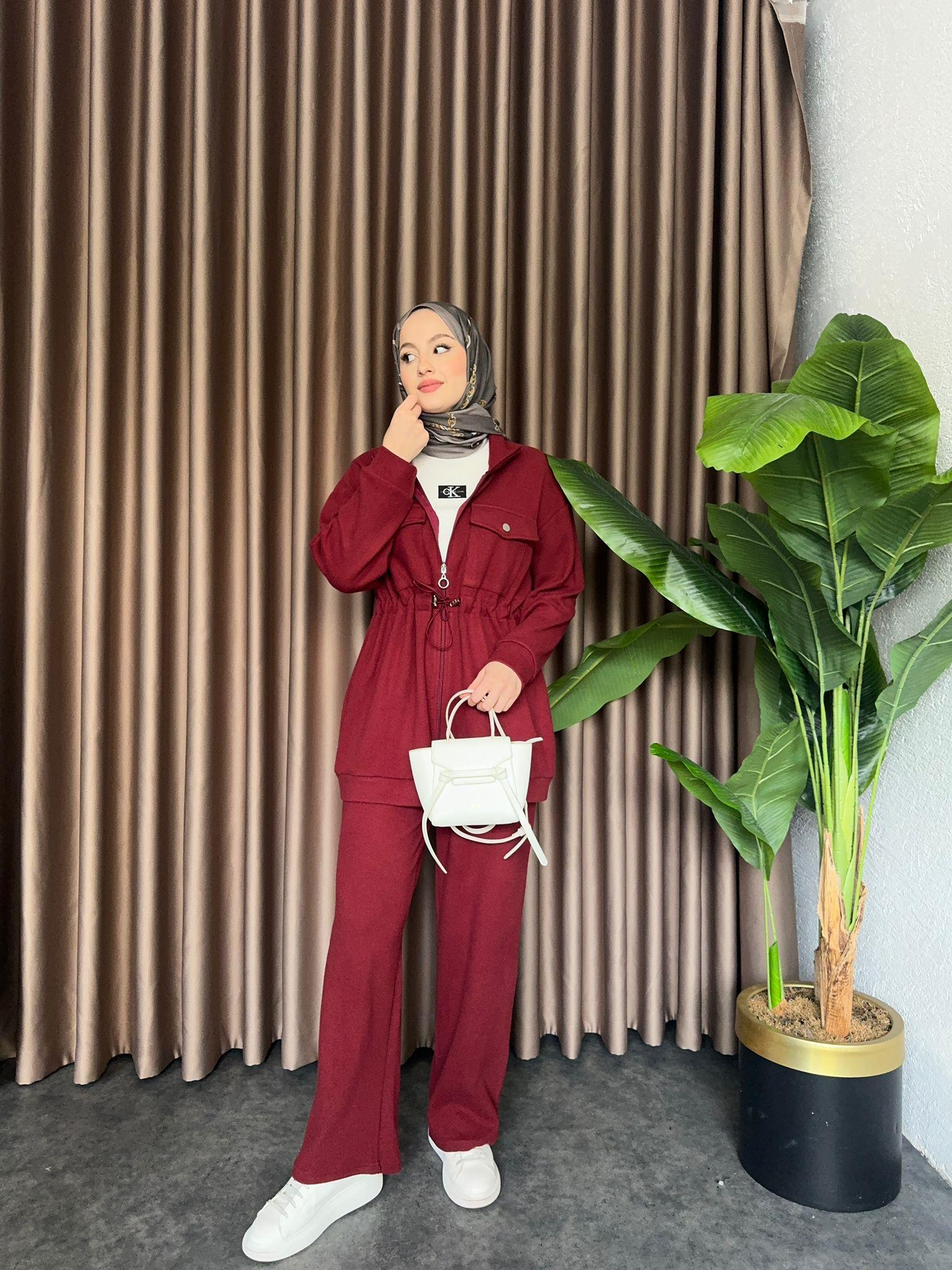 MEYSADESIGN PANTOLON TAKIM Selanik Örme Fermuarlı Zımbalı Takım Bordo