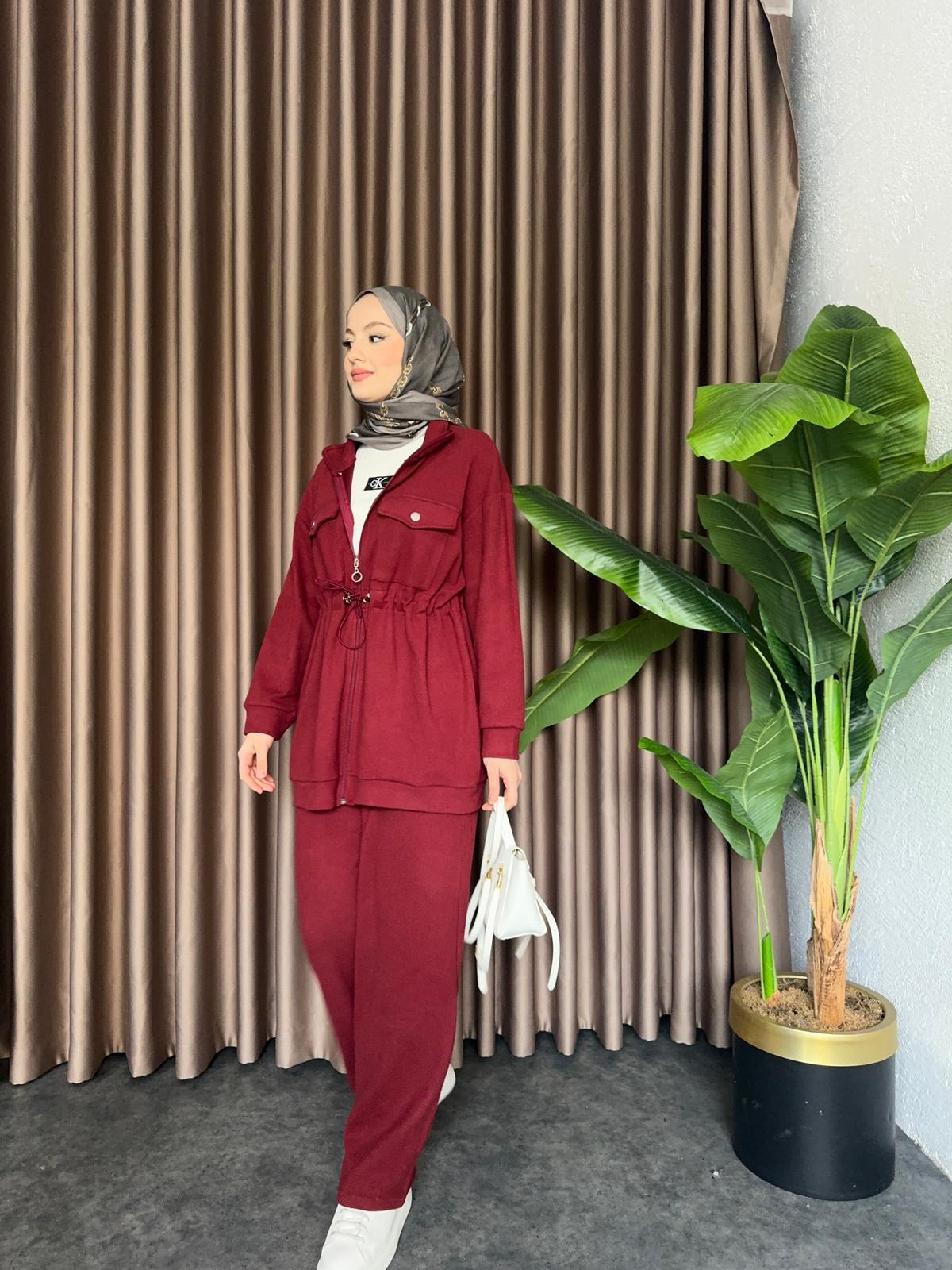 MEYSADESIGN PANTOLON TAKIM Selanik Örme Fermuarlı Zımbalı Takım Bordo