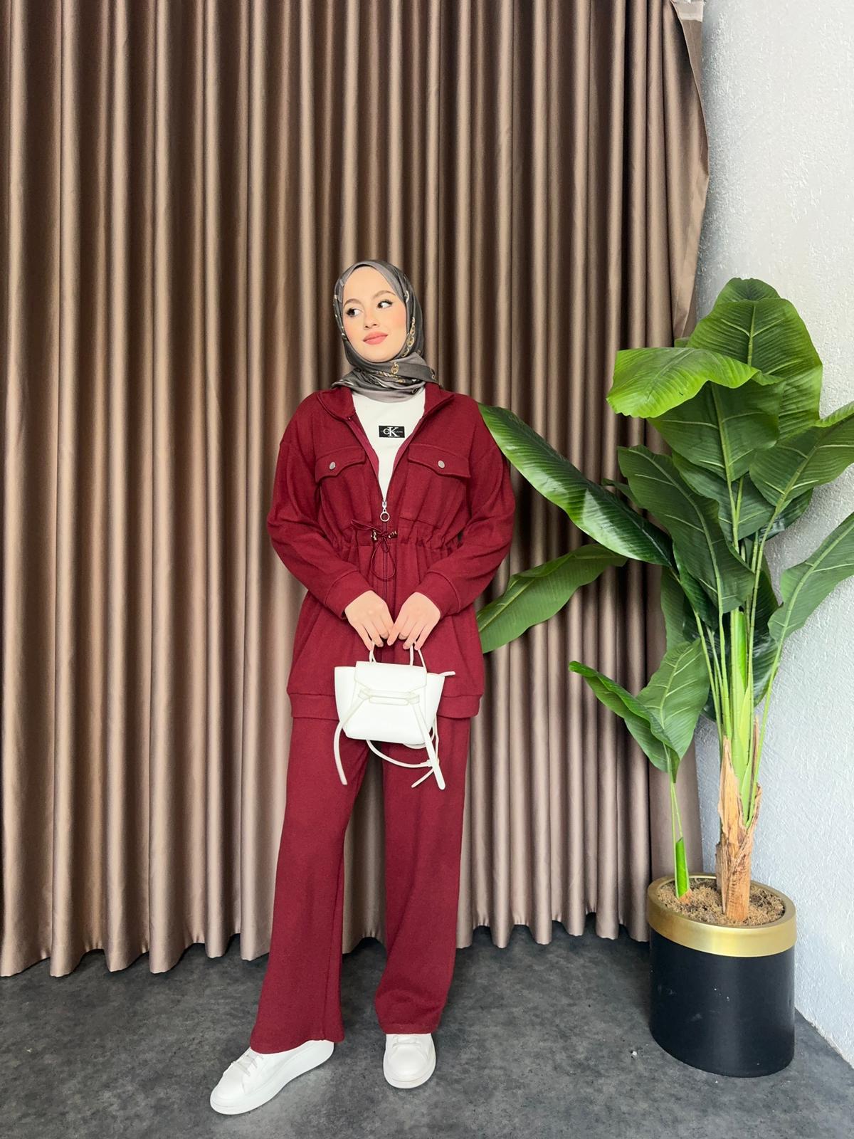MEYSADESIGN PANTOLON TAKIM Selanik Örme Fermuarlı Zımbalı Takım Bordo