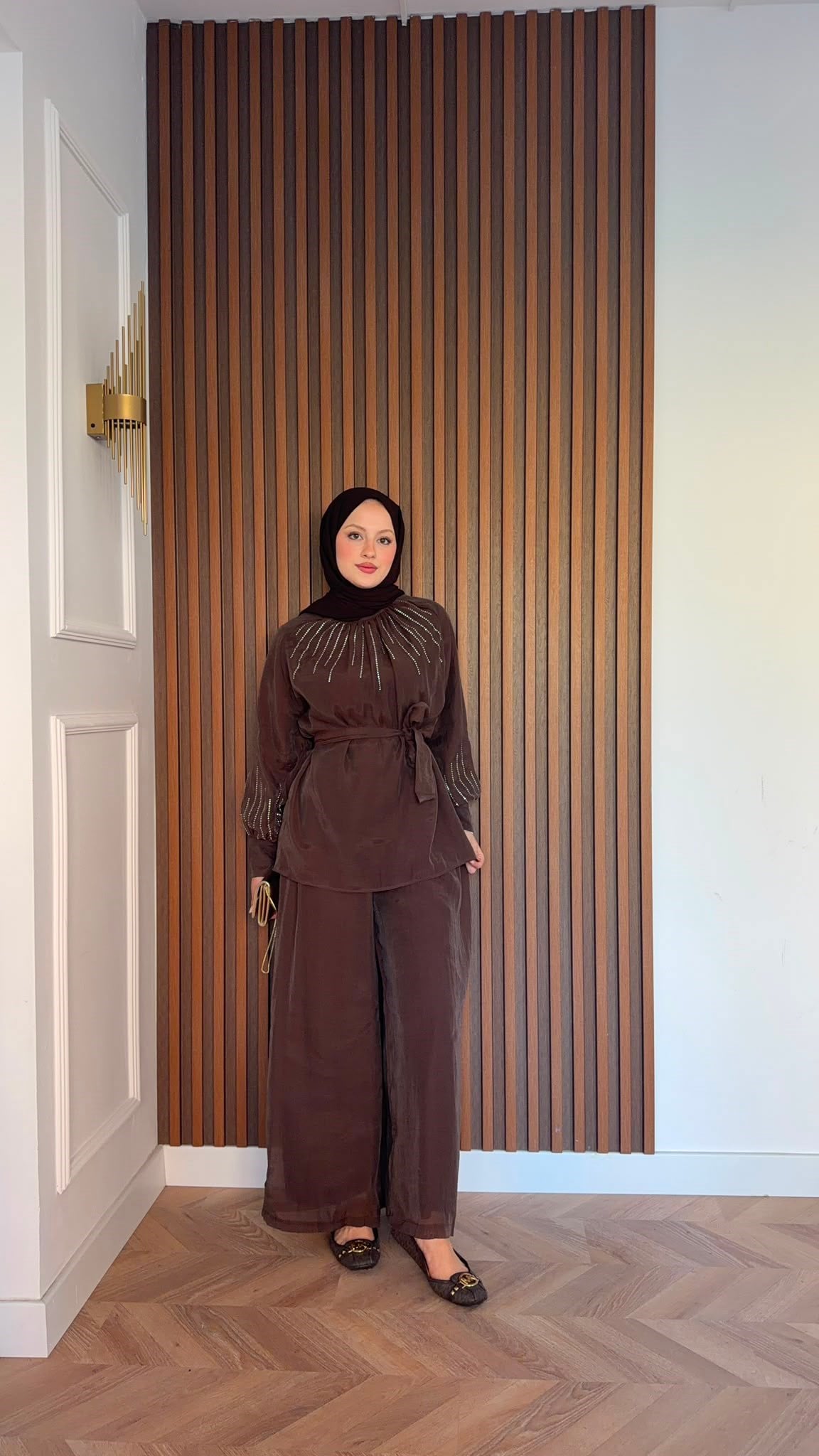 MEYSADESIGN PANTOLON TAKIM Silver Taşlı Tül Pantolonlu Takım Acı Kahve