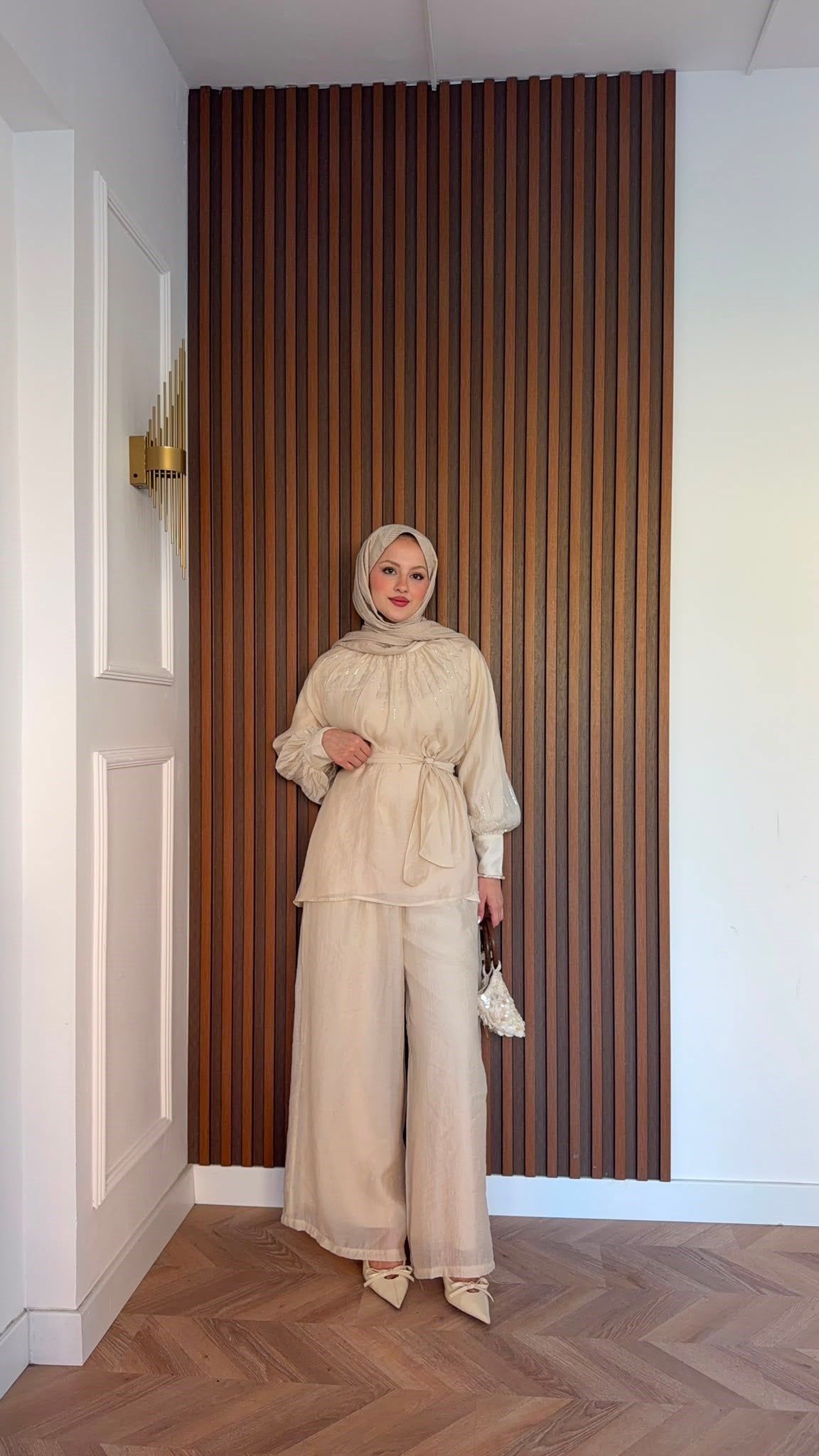 MEYSADESIGN PANTOLON TAKIM Silver Taşlı Tül Pantolonlu Takım Bej
