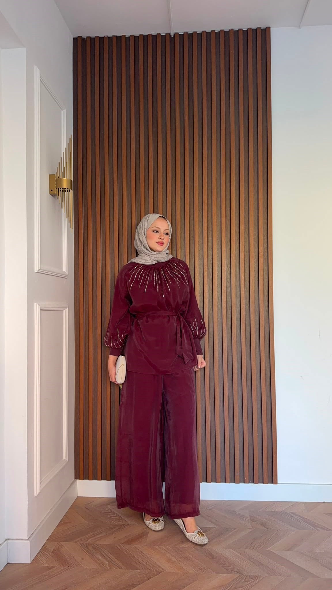 MEYSADESIGN PANTOLON TAKIM Silver Taşlı Tül Pantolonlu Takım Bordo