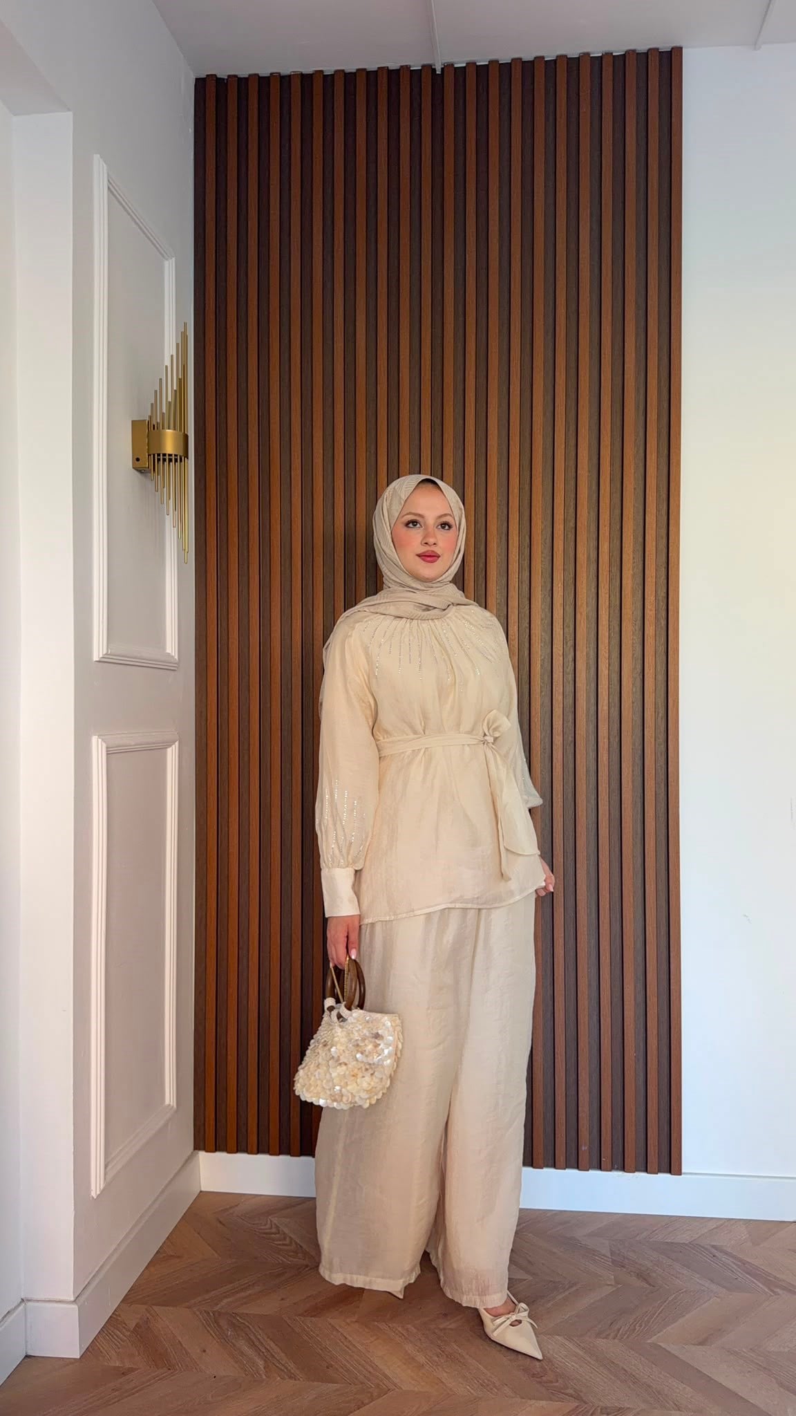 MEYSADESIGN PANTOLON TAKIM Silver Taşlı Tül Pantolonlu Takım Bej