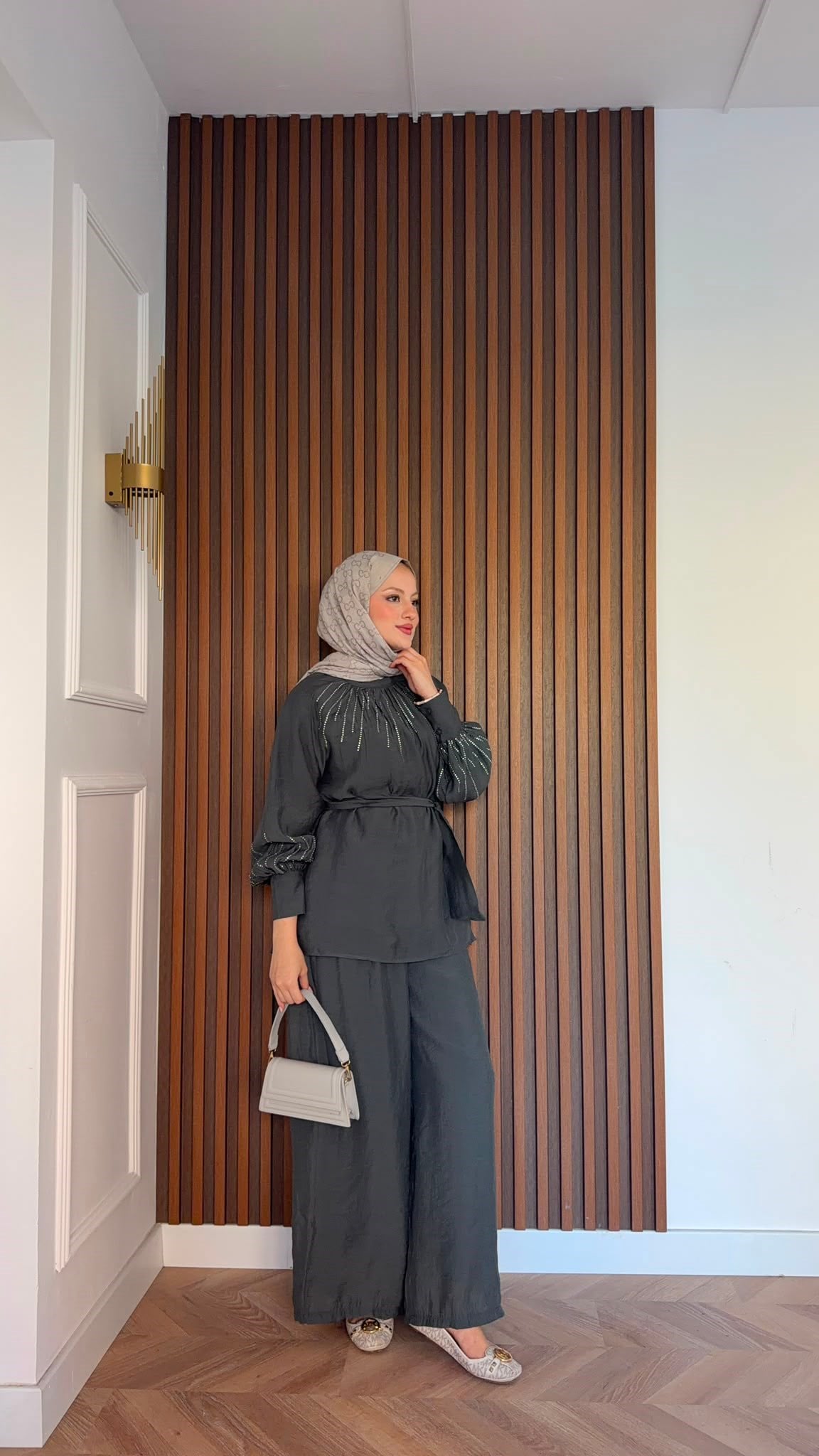 MEYSADESIGN PANTOLON TAKIM Silver Taşlı Tül Pantolonlu Takım Haki