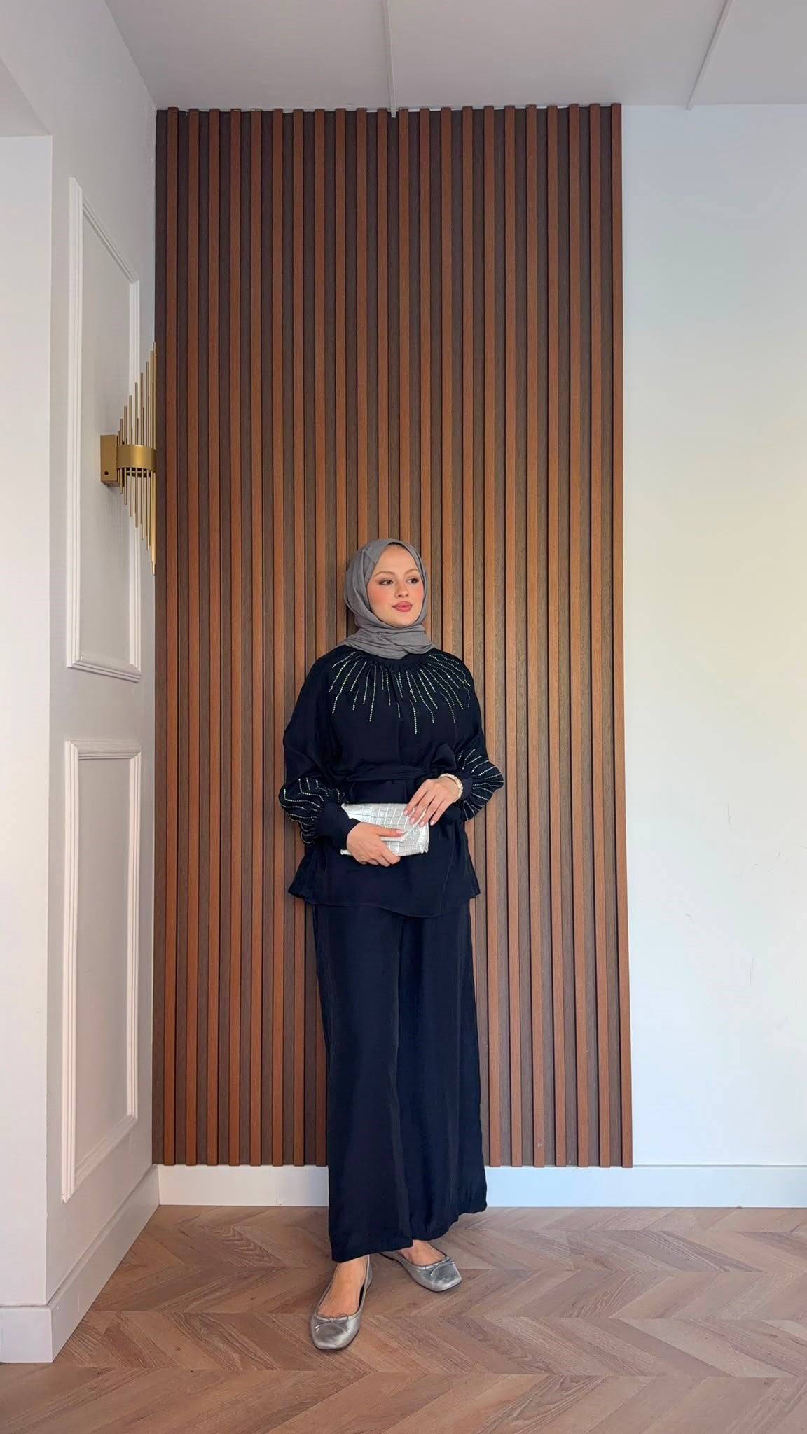 MEYSADESIGN PANTOLON TAKIM Silver Taşlı Tül Pantolonlu Takım Lacivert