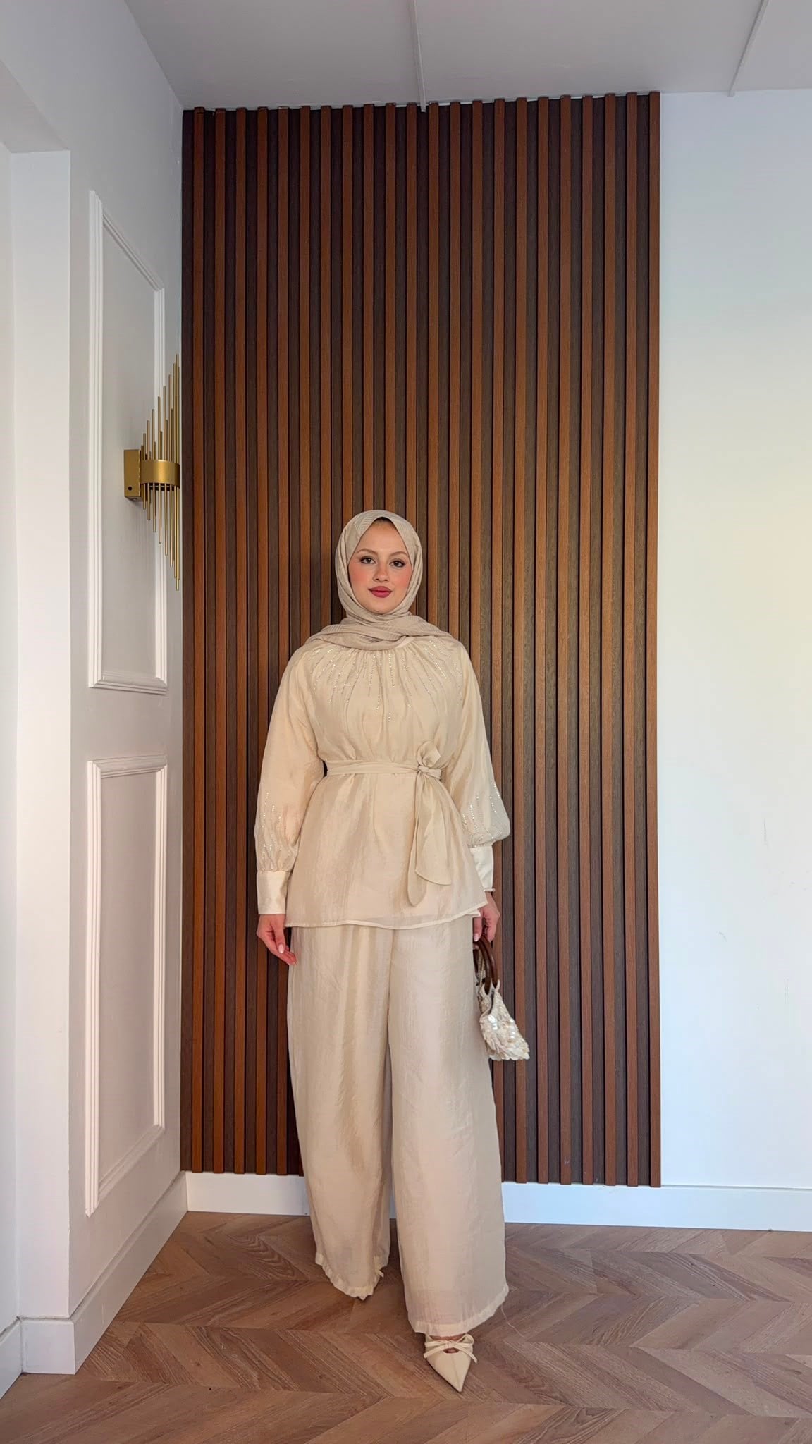 MEYSADESIGN PANTOLON TAKIM Silver Taşlı Tül Pantolonlu Takım Bej