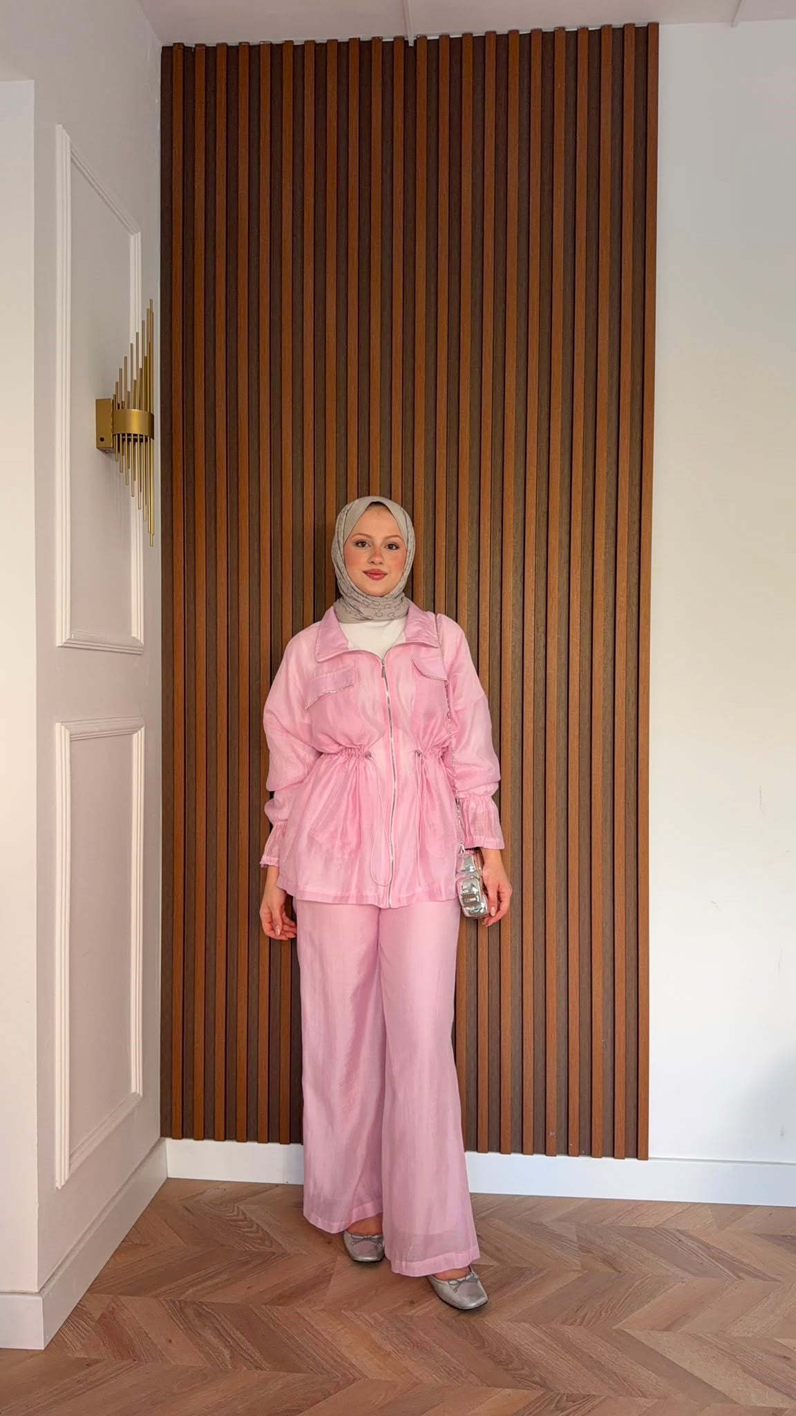 MEYSADESIGN PANTOLON TAKIM Syrus Taşlı Tensel İkili Takım Pembe