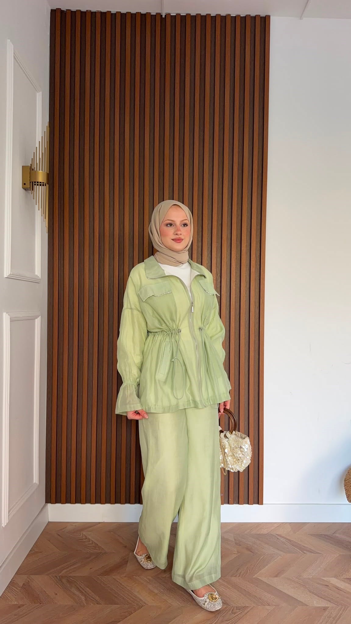 MEYSADESIGN PANTOLON TAKIM Syrus Taşlı Tensel İkili Takım Mint Yeşili