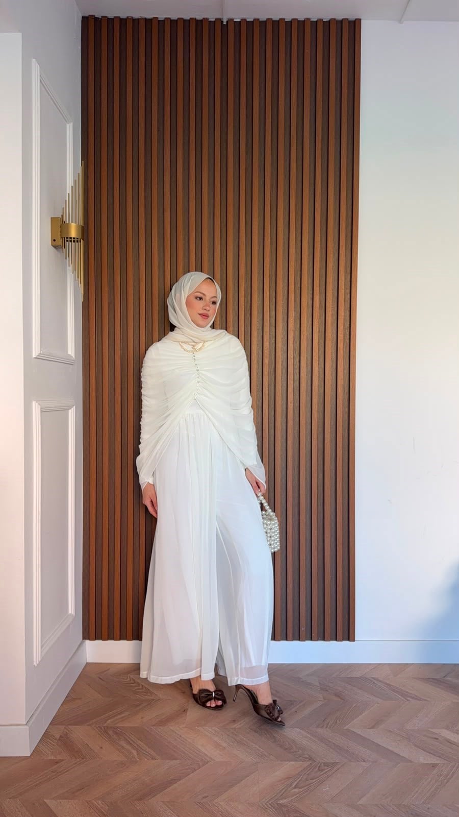 MEYSADESIGN PANTOLON TAKIM Taşlı Büzgülü Multi Şifon Tulum Ekru
