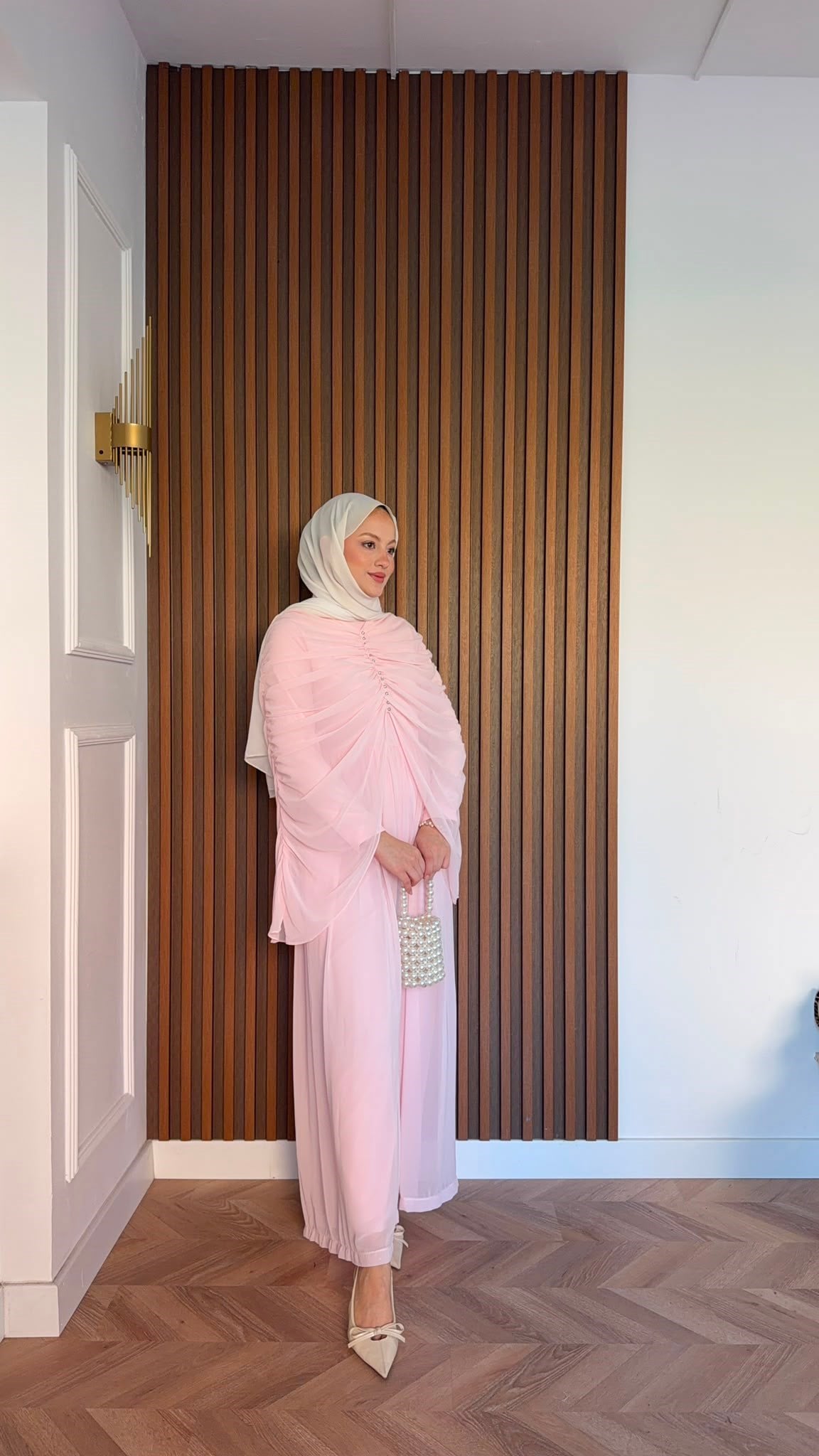 MEYSADESIGN PANTOLON TAKIM Taşlı Büzgülü Multi Şifon Tulum Pudra