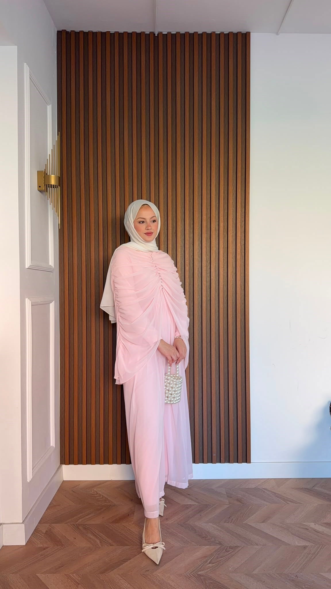 MEYSADESIGN PANTOLON TAKIM Taşlı Büzgülü Multi Şifon Tulum Pudra