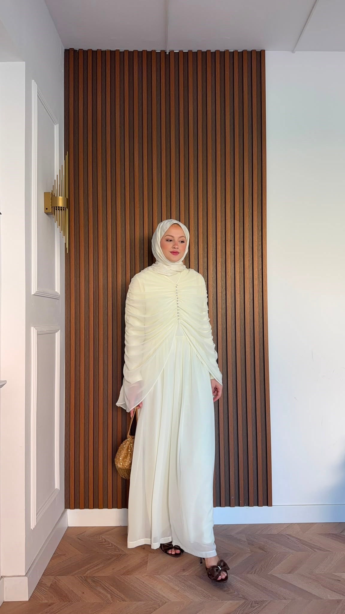 MEYSADESIGN PANTOLON TAKIM Taşlı Büzgülü Multi Şifon Tulum Bej