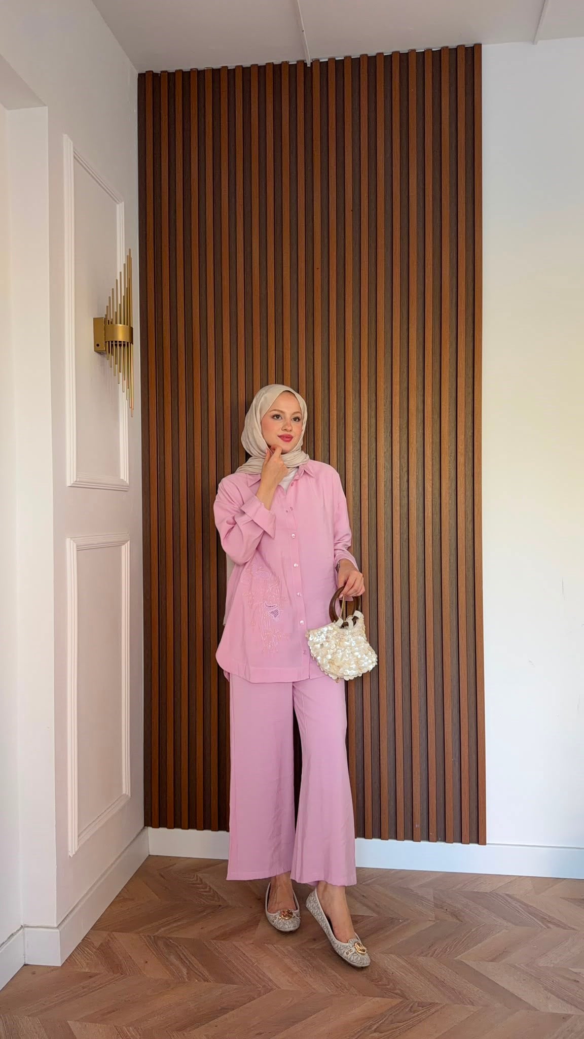 MEYSADESIGN PANTOLON TAKIM Vanilya Boncuk İşlemeli Tensel Pantolonlu Takım Pembe