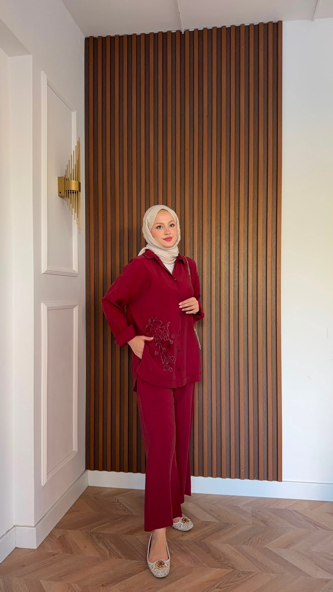 MEYSADESIGN PANTOLON TAKIM Vanilya Boncuk İşlemeli Tensel Pantolonlu Takım Bordo