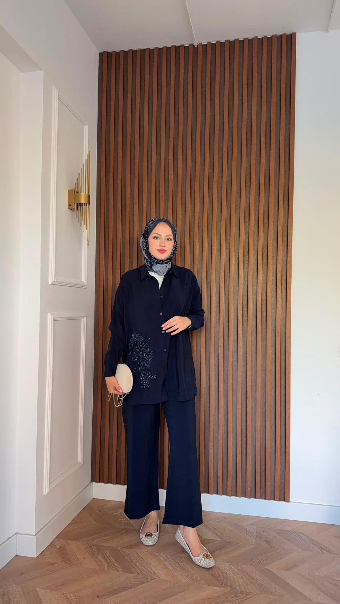MEYSADESIGN PANTOLON TAKIM Vanilya Boncuk İşlemeli Tensel Pantolonlu Takım Lacivert