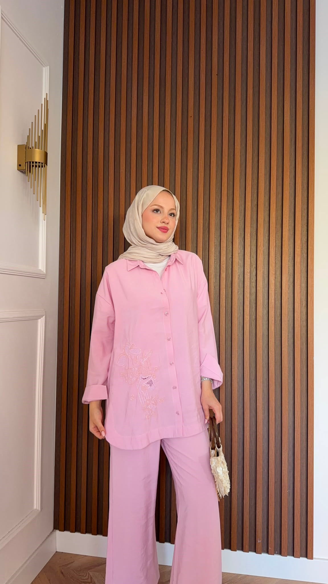 MEYSADESIGN PANTOLON TAKIM Vanilya Boncuk İşlemeli Tensel Pantolonlu Takım Pembe