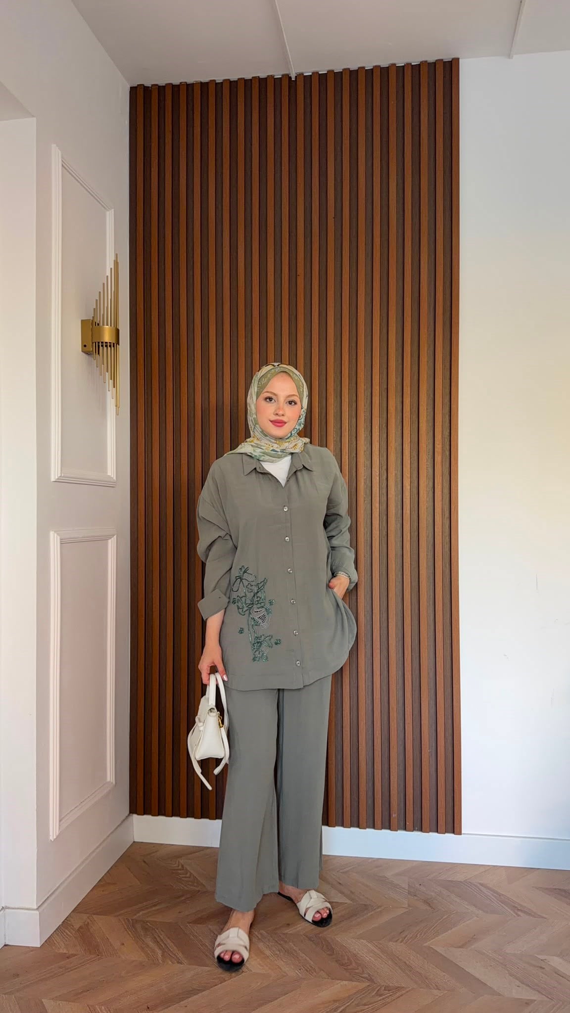 MEYSADESIGN PANTOLON TAKIM Vanilya Boncuk İşlemeli Tensel Pantolonlu Takım Haki