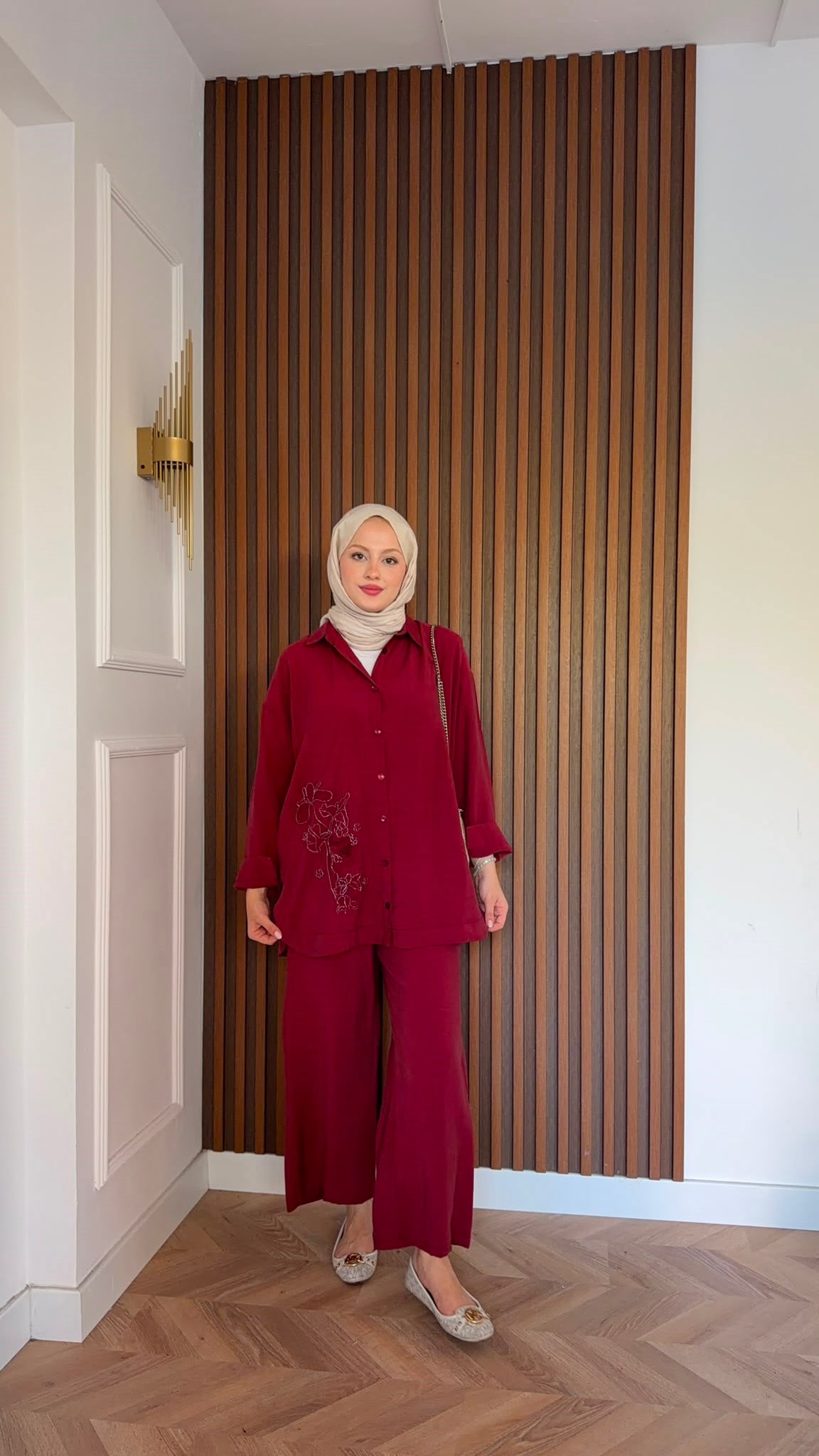 MEYSADESIGN PANTOLON TAKIM Vanilya Boncuk İşlemeli Tensel Pantolonlu Takım Bordo