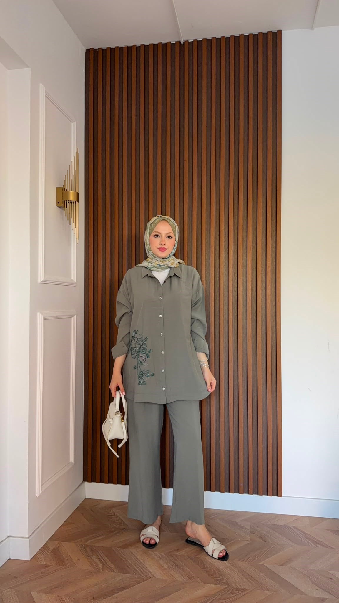 MEYSADESIGN PANTOLON TAKIM Vanilya Boncuk İşlemeli Tensel Pantolonlu Takım Haki
