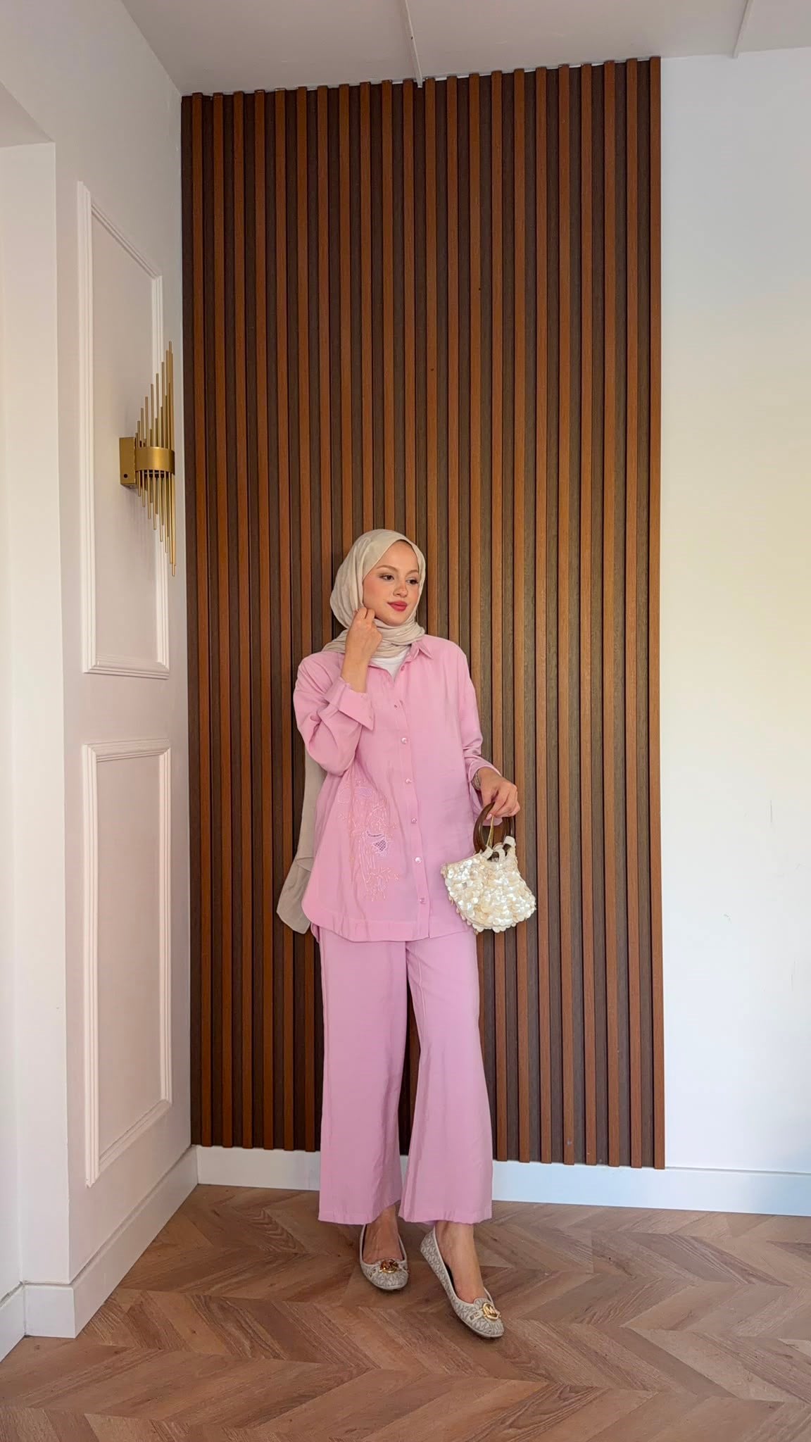 MEYSADESIGN PANTOLON TAKIM Vanilya Boncuk İşlemeli Tensel Pantolonlu Takım Pembe
