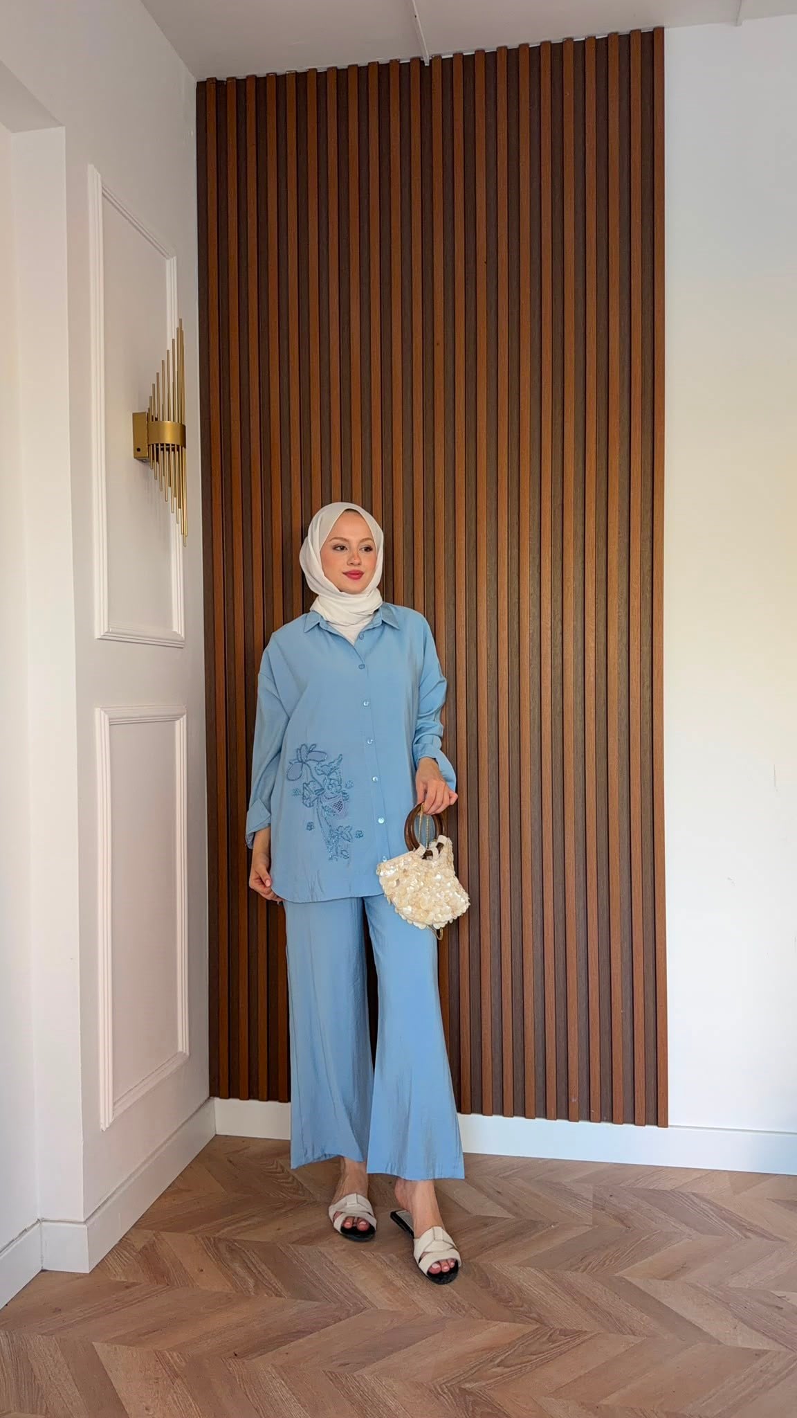 MEYSADESIGN PANTOLON TAKIM Vanilya Boncuk İşlemeli Tensel Pantolonlu Takım Bebe Mavisi