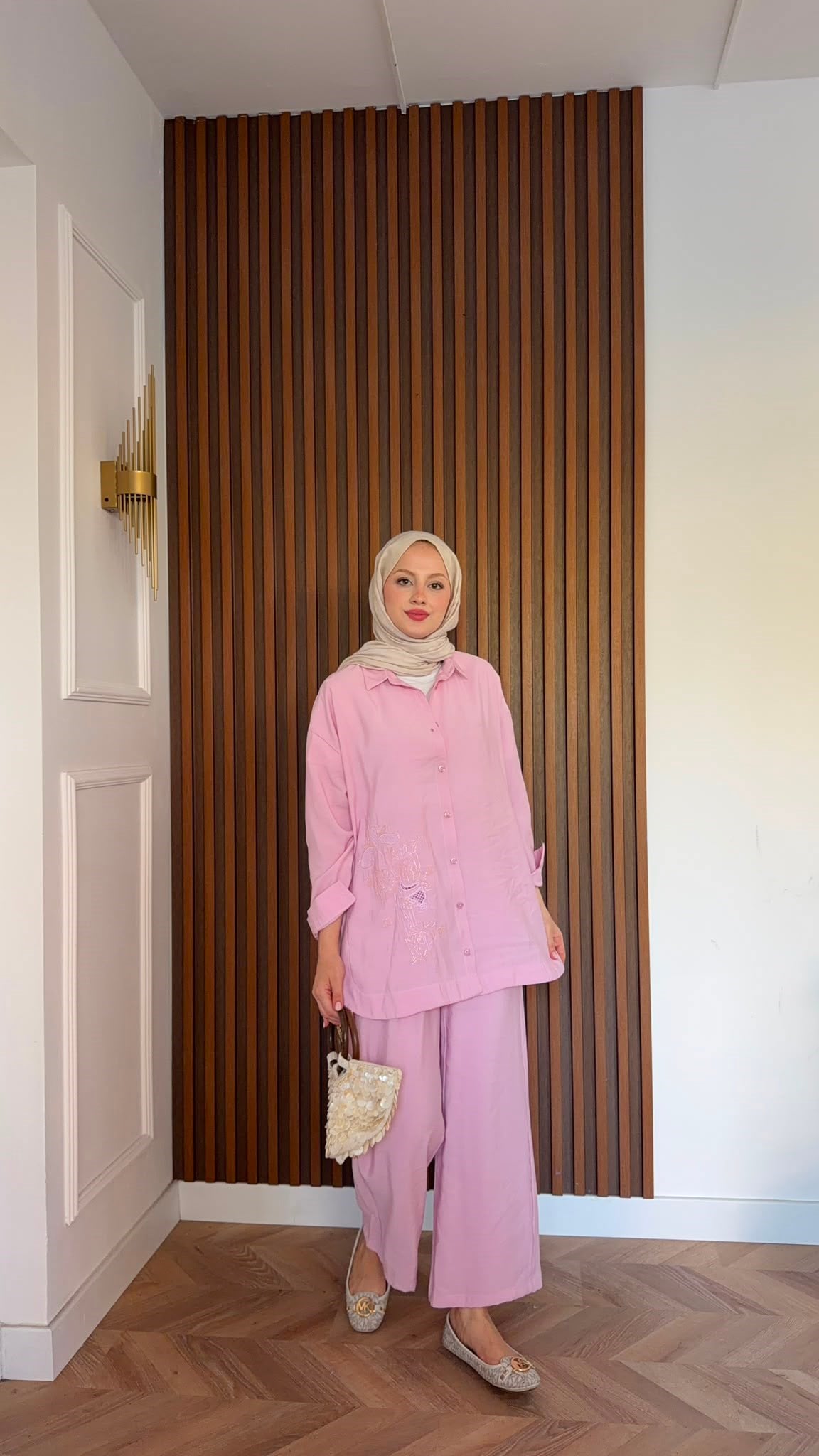 MEYSADESIGN PANTOLON TAKIM Vanilya Boncuk İşlemeli Tensel Pantolonlu Takım Pembe