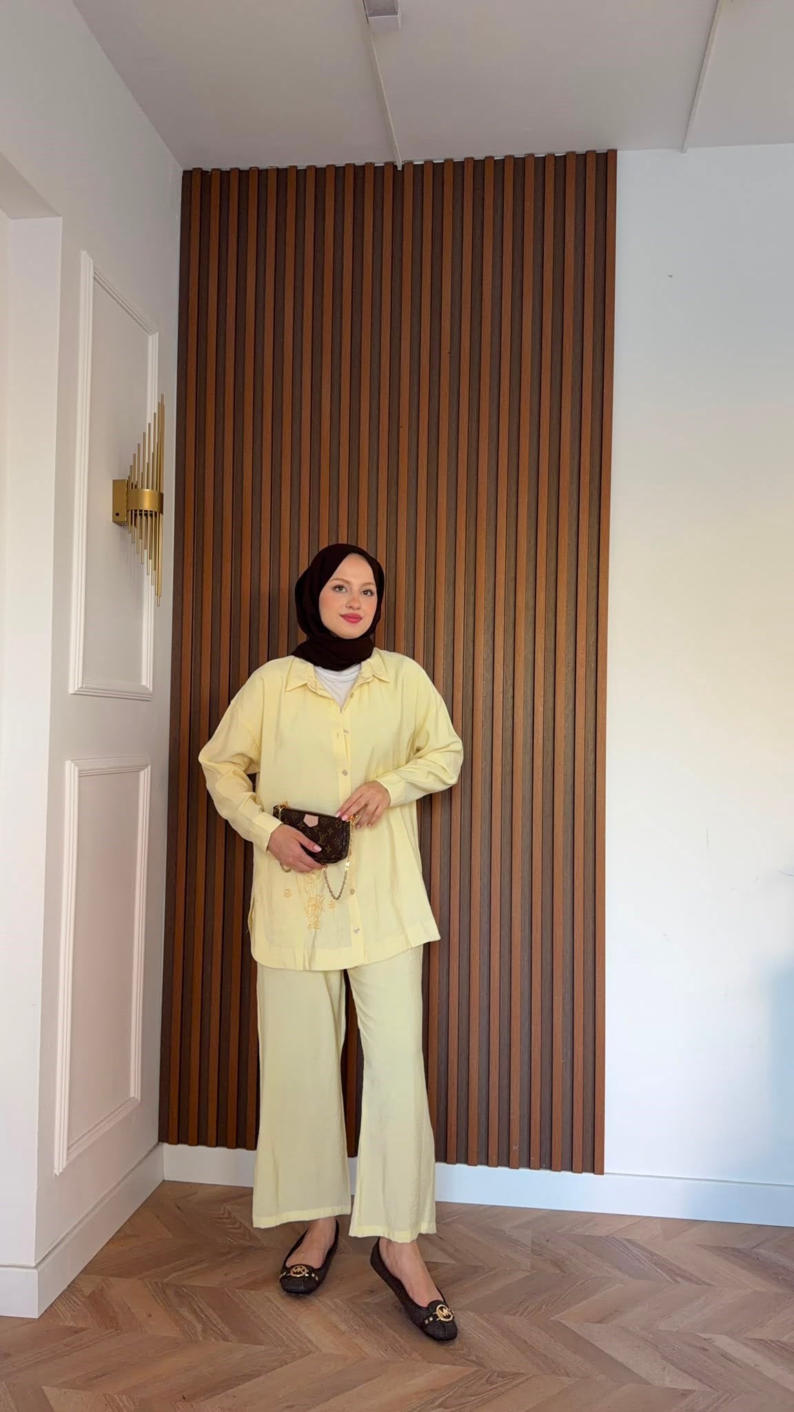 MEYSADESIGN PANTOLON TAKIM Vanilya Boncuk İşlemeli Tensel Pantolonlu Takım Sarı