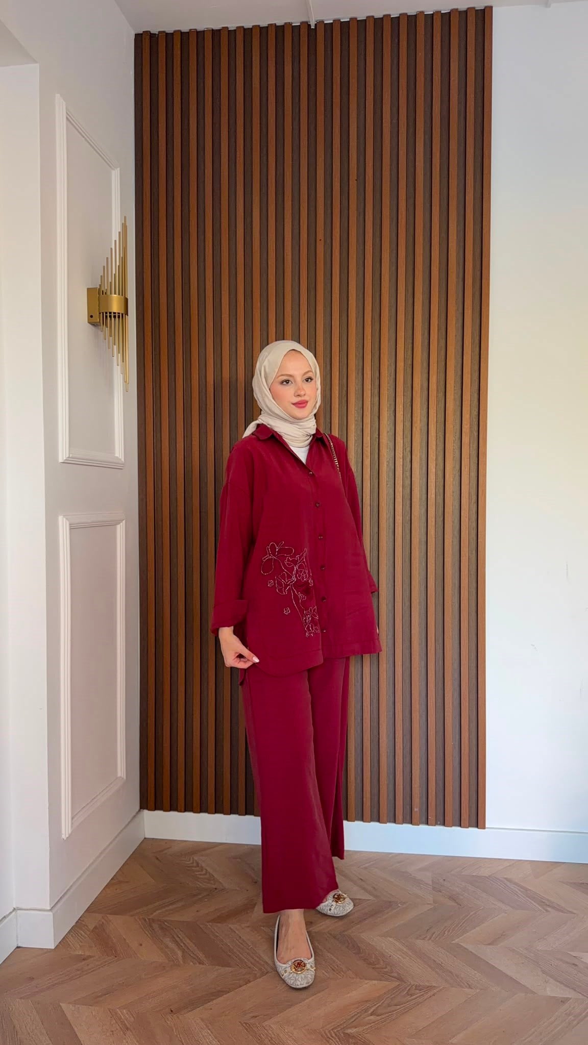 MEYSADESIGN PANTOLON TAKIM Vanilya Boncuk İşlemeli Tensel Pantolonlu Takım Bordo