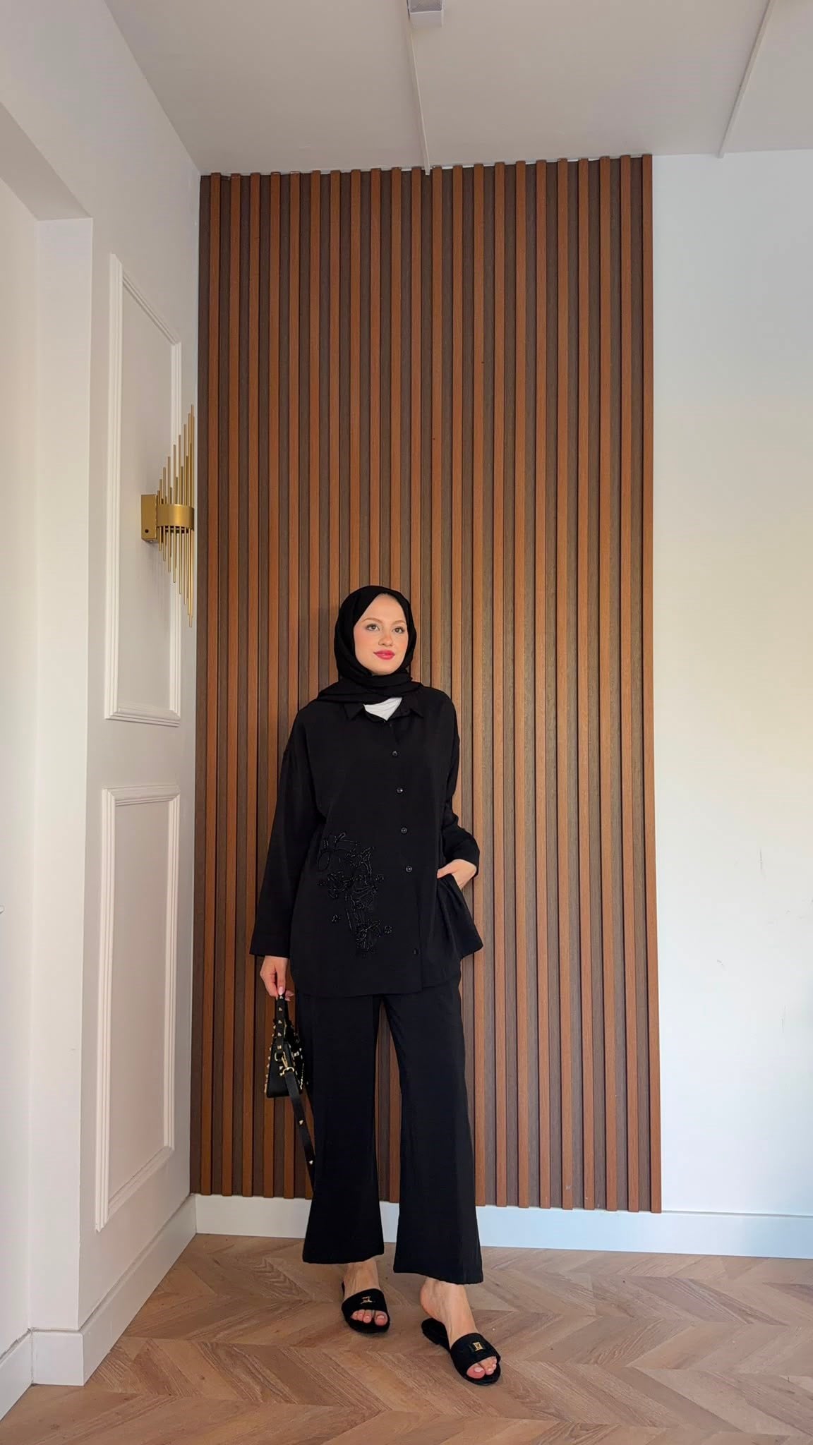 MEYSADESIGN PANTOLON TAKIM Vanilya Boncuk İşlemeli Tensel Pantolonlu Takım Siyah