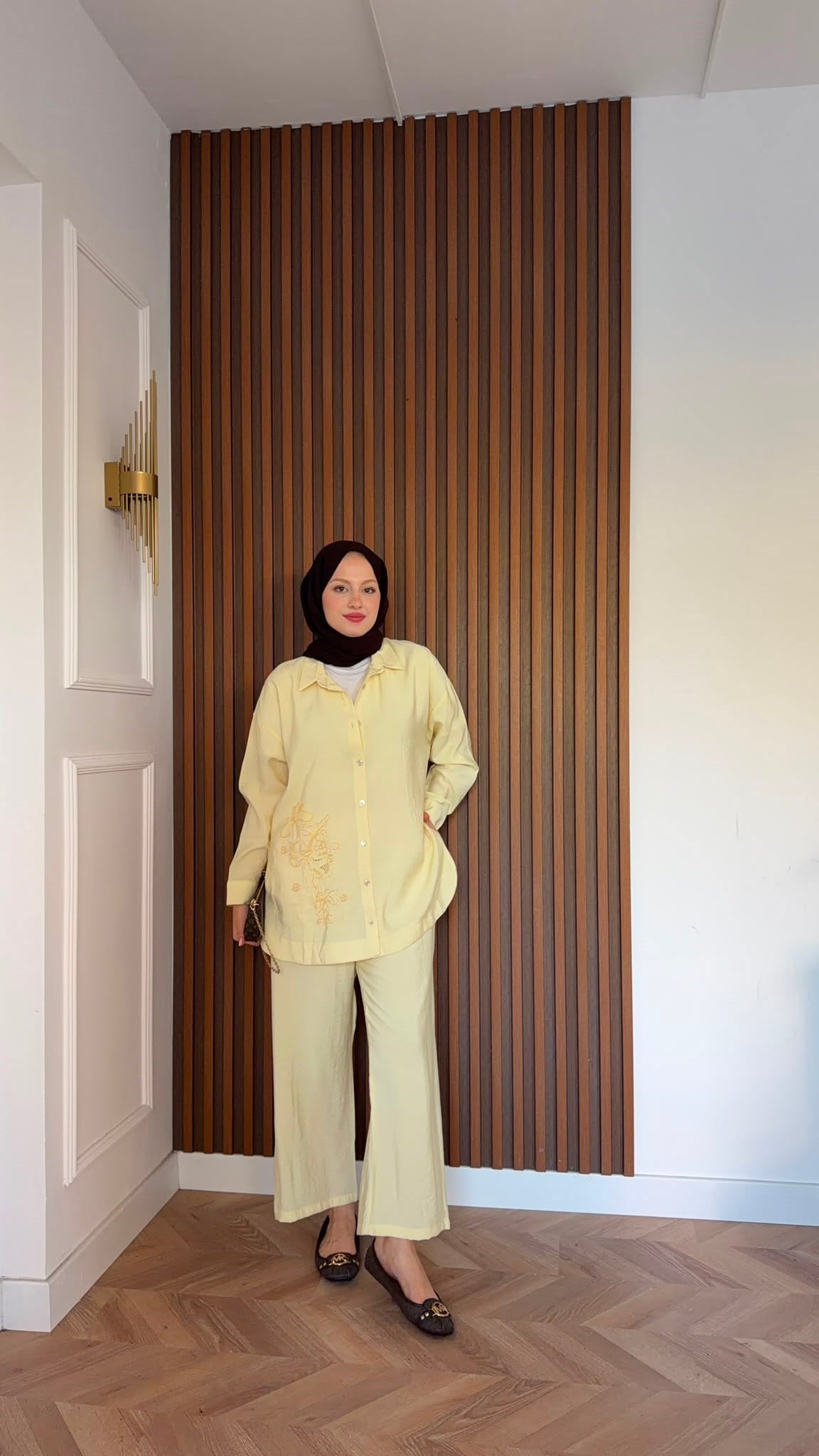MEYSADESIGN PANTOLON TAKIM Vanilya Boncuk İşlemeli Tensel Pantolonlu Takım Sarı