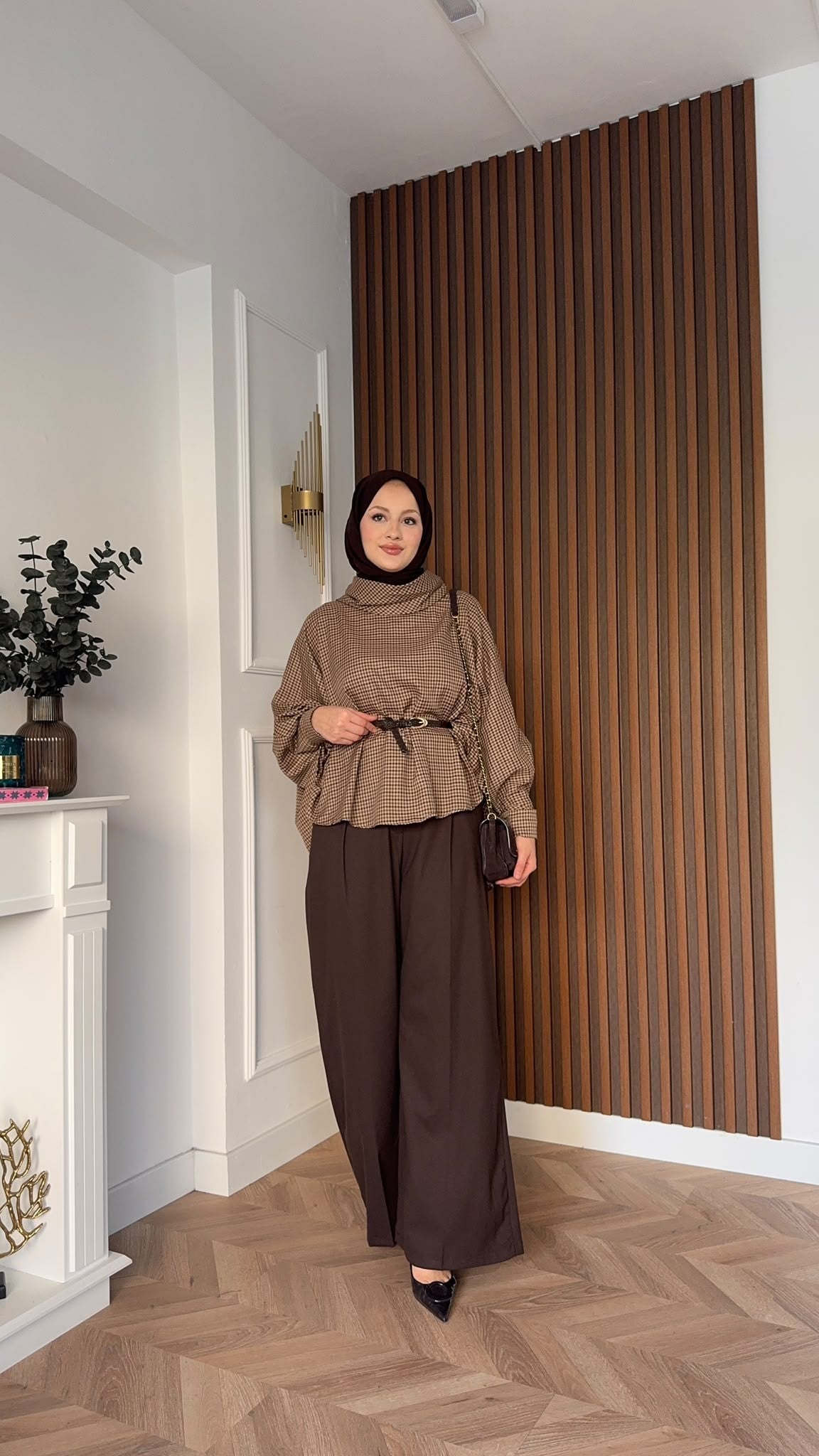 MEYSADESIGN PANTOLON TAKIM Yarasa Kol Ekoseli Pantolonlu Takım Kahve