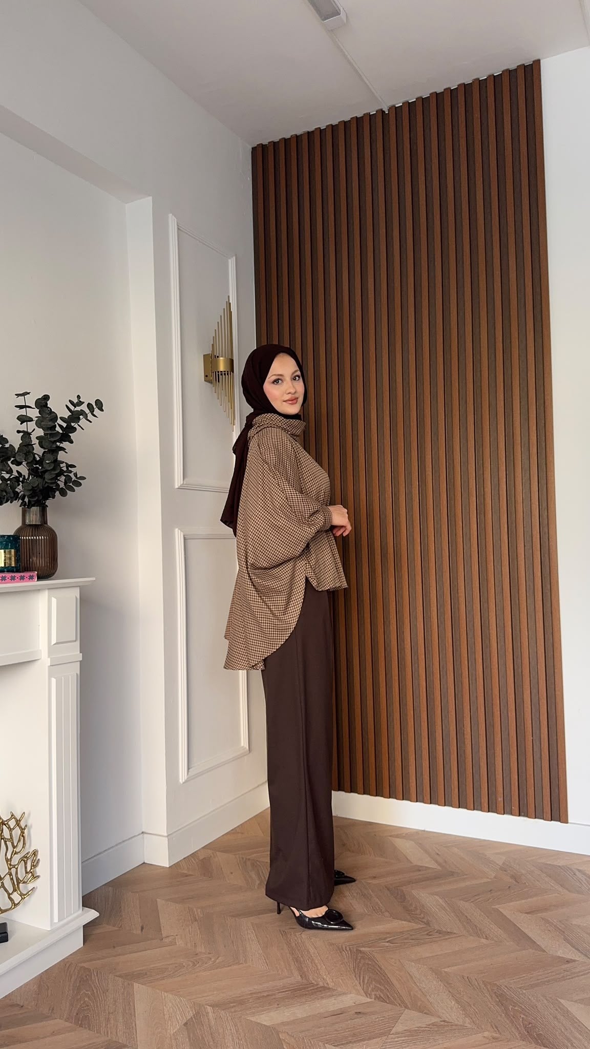 MEYSADESIGN PANTOLON TAKIM Yarasa Kol Ekoseli Pantolonlu Takım Kahve