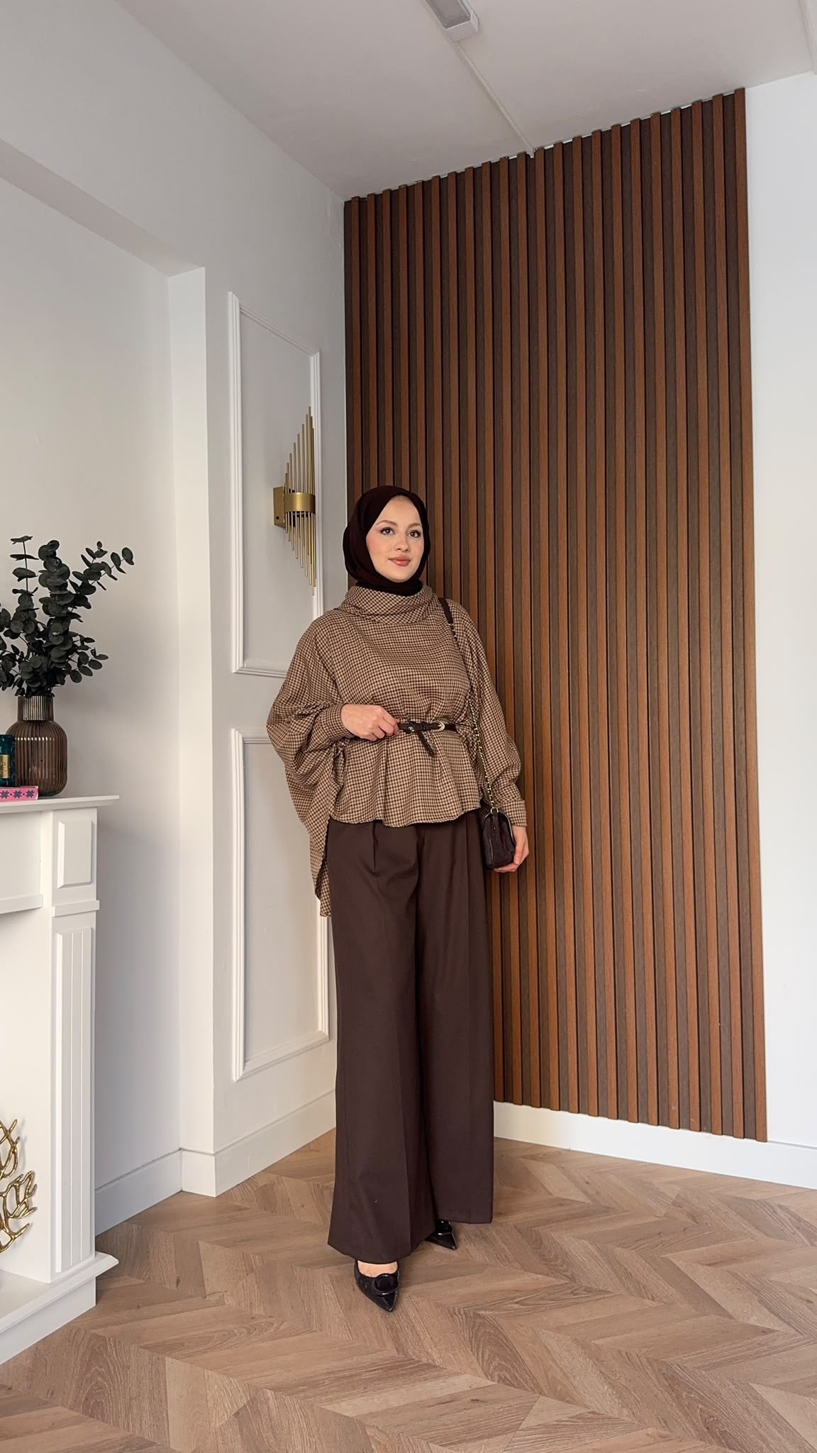 MEYSADESIGN PANTOLON TAKIM Yarasa Kol Ekoseli Pantolonlu Takım Kahve