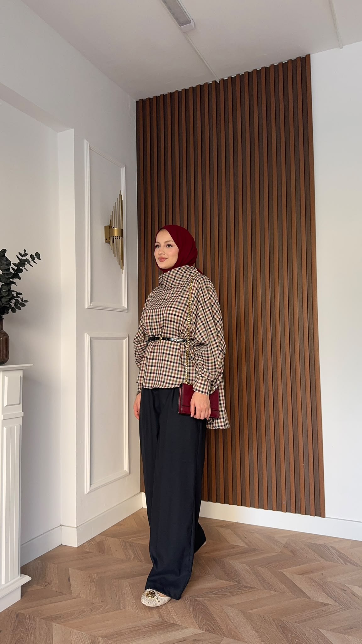 MEYSADESIGN PANTOLON TAKIM Yarasa Kol Ekoseli Pantolonlu Takım Bordo Lacivert