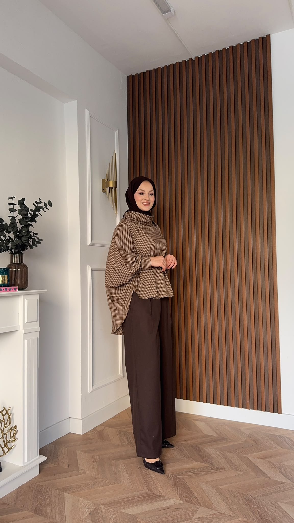 MEYSADESIGN PANTOLON TAKIM Yarasa Kol Ekoseli Pantolonlu Takım Kahve