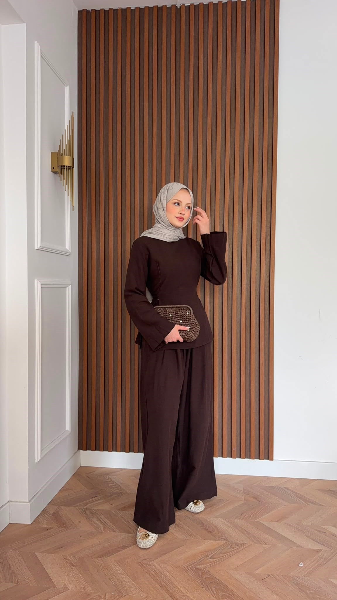 MEYSADESIGN PANTOLON TAKIM Yırtmaç Detaylı Keten Pantolonlu Takım Acı Kahve