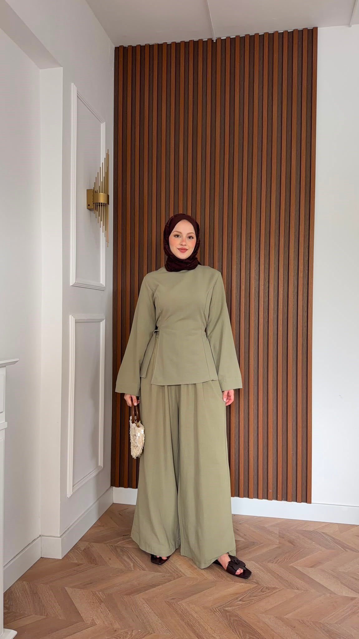 MEYSADESIGN PANTOLON TAKIM Yırtmaç Detaylı Keten Pantolonlu Takım Haki