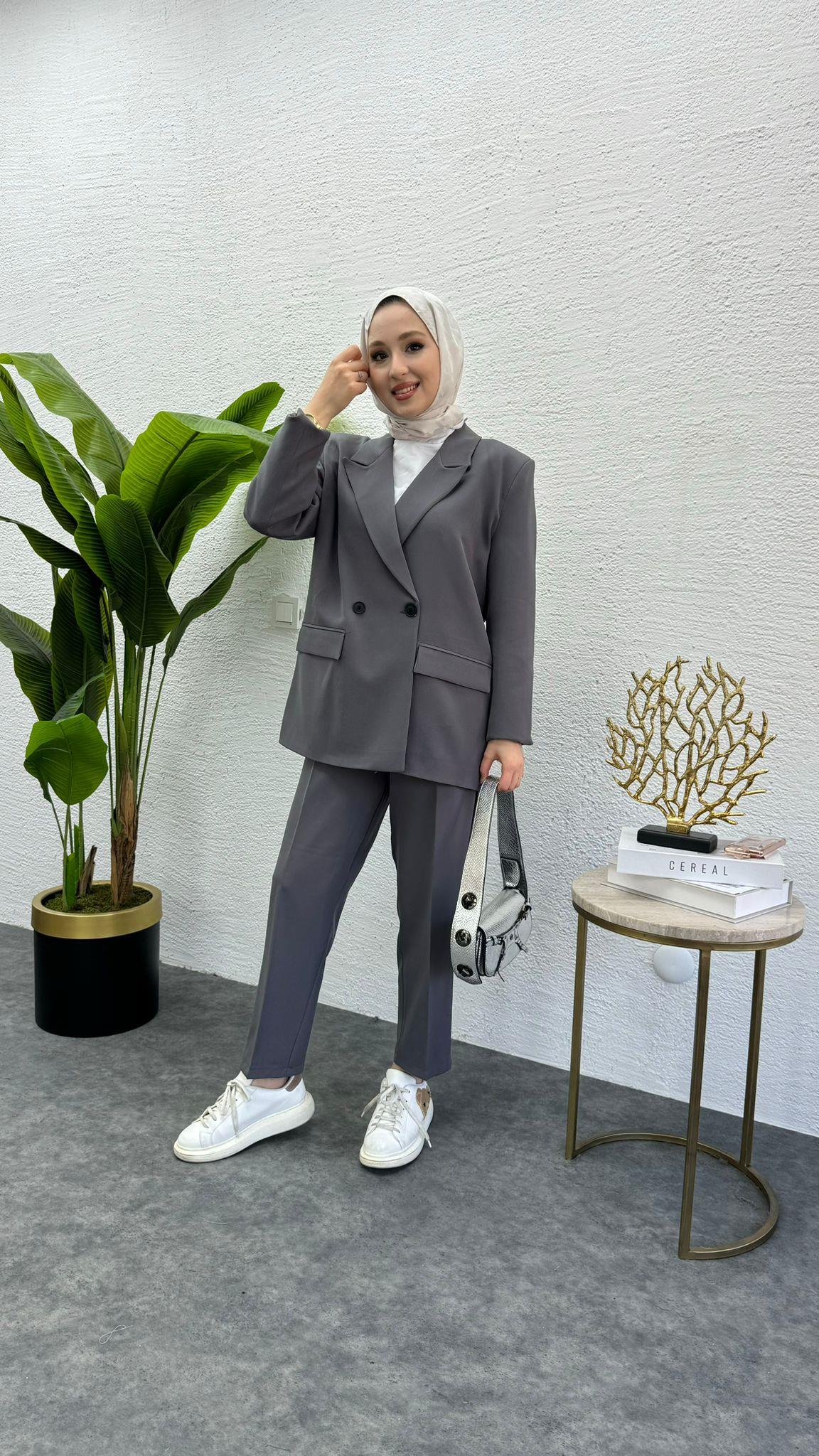 MEYSADESIGN PANTOLON TAKIM Zra Muadil Ceketli İkili Takım Gri
