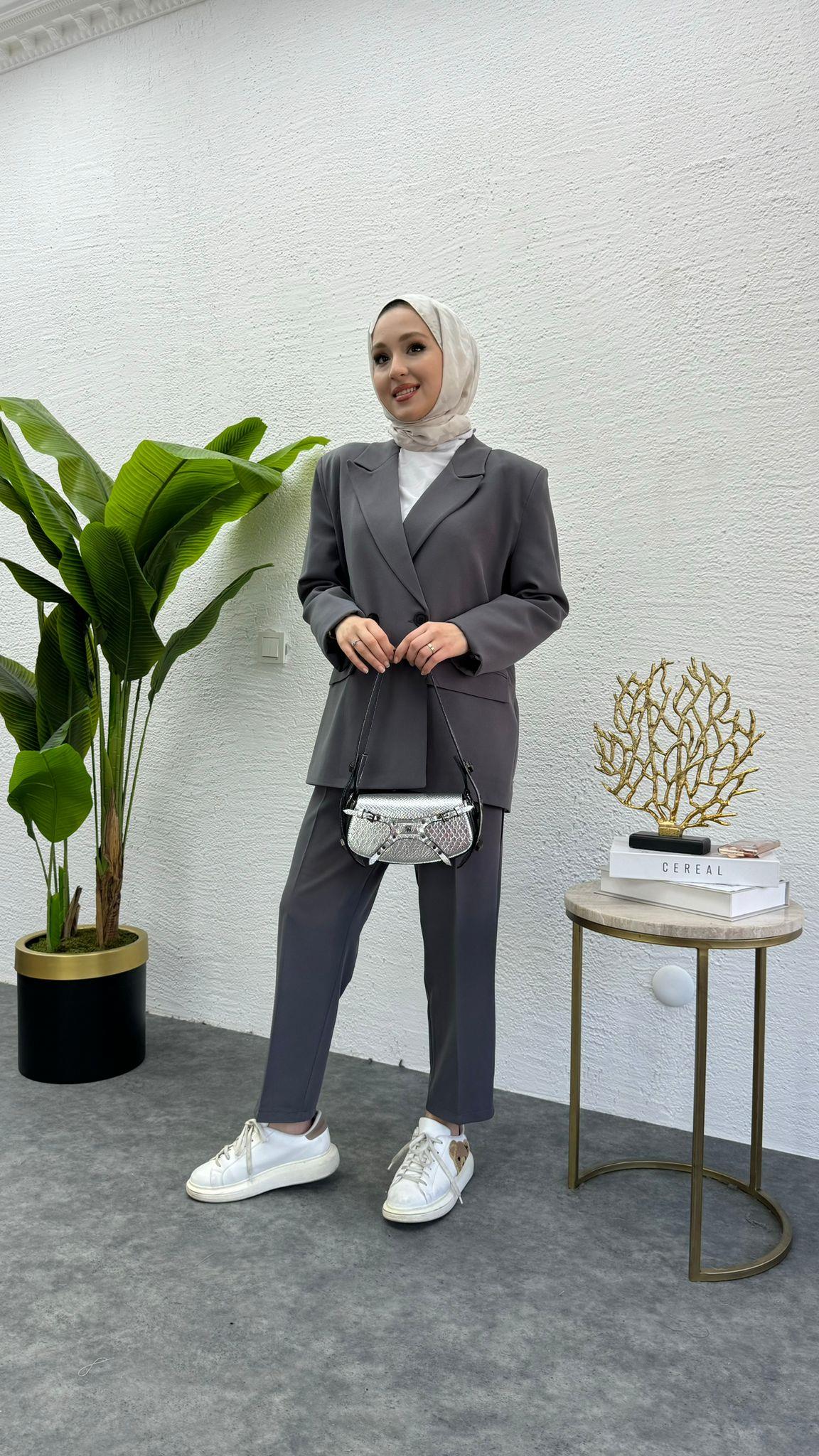 MEYSADESIGN PANTOLON TAKIM Zra Muadil Ceketli İkili Takım Gri