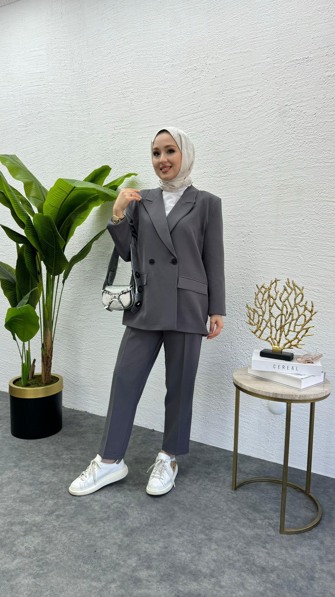 MEYSADESIGN PANTOLON TAKIM Zra Muadil Ceketli İkili Takım Gri