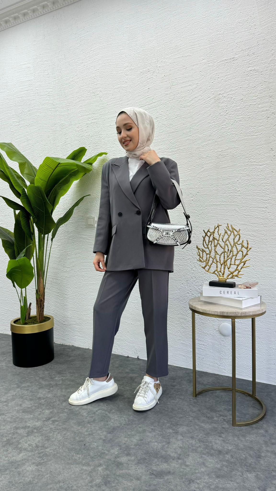 MEYSADESIGN PANTOLON TAKIM Zra Muadil Ceketli İkili Takım Gri