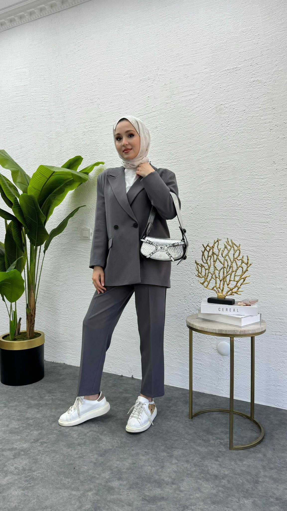 MEYSADESIGN PANTOLON TAKIM Zra Muadil Ceketli İkili Takım Gri