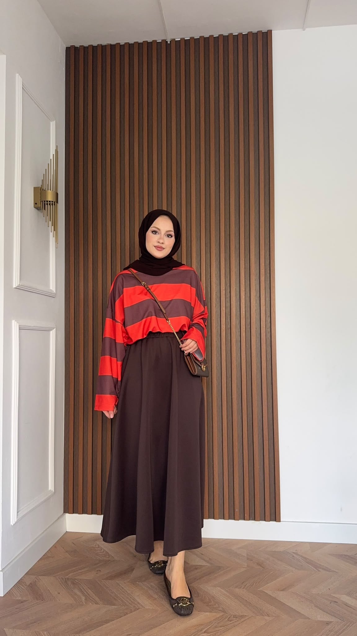 MEYSADESIGN SWEAT Nage Çizgili Sweatshirt Kırmızı Kahve