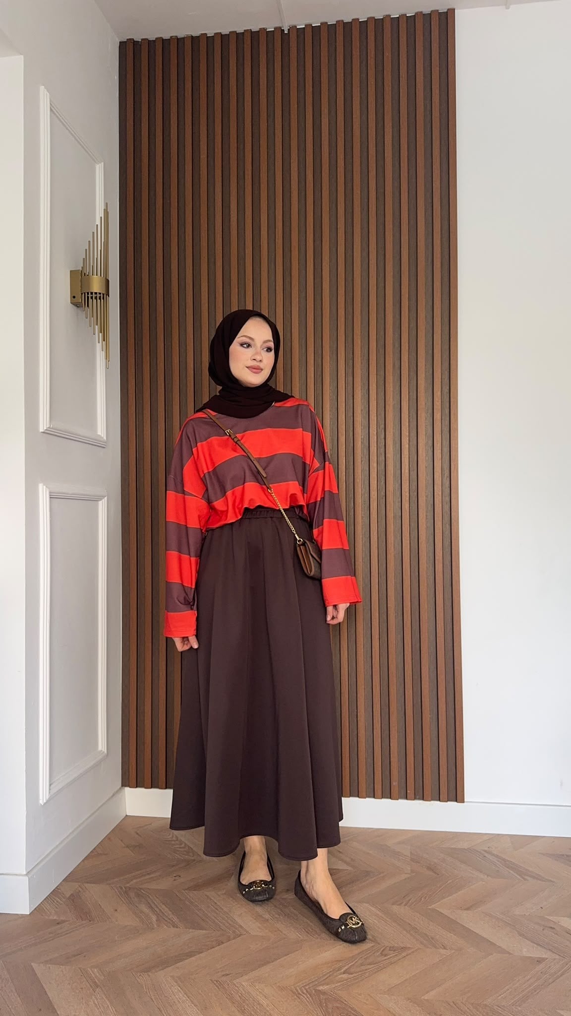 MEYSADESIGN SWEAT Nage Çizgili Sweatshirt Kırmızı Kahve